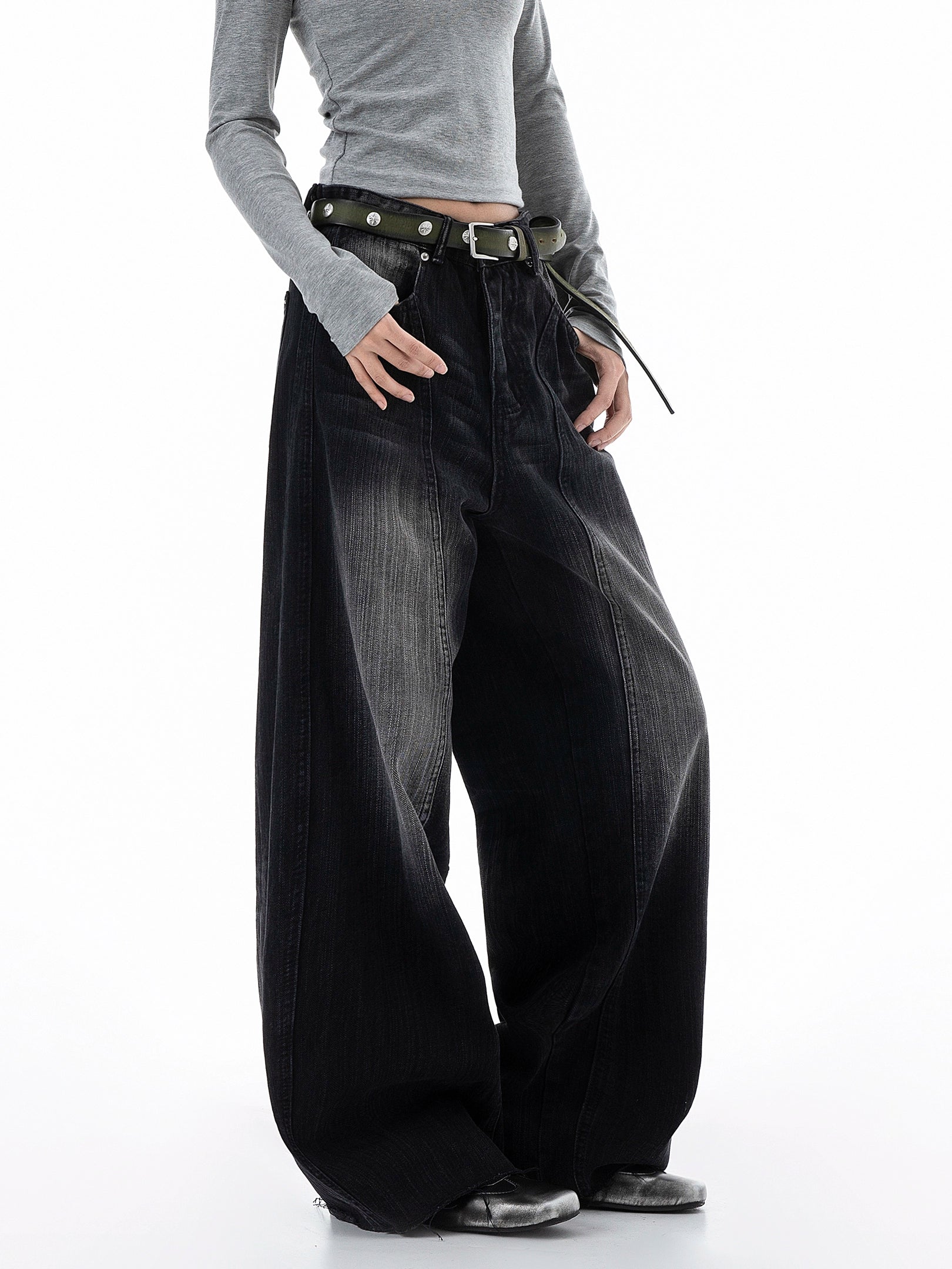 ICH MODE 美式复古立体裁剪牛仔裤女宽松阔腿裤直筒裤休闲运动裤