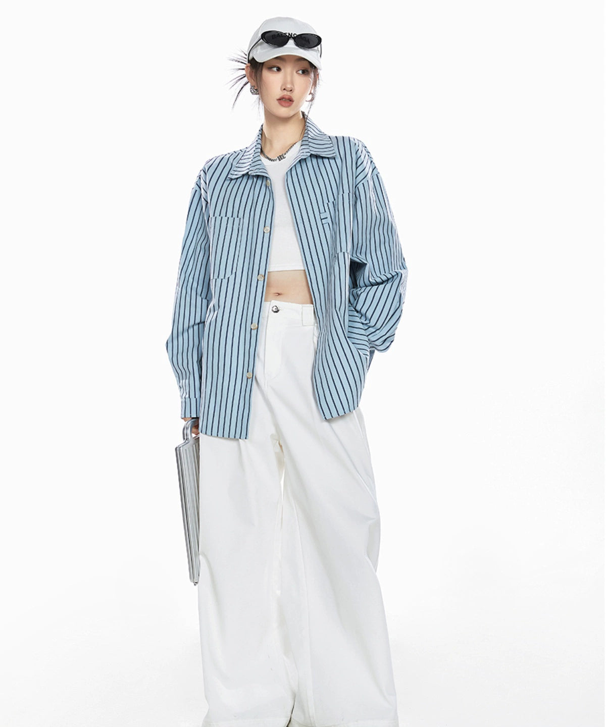 ICH MODE 美式复古条纹衬衫女夏季新款宽松慵懒蓝色衬衣外套上衣