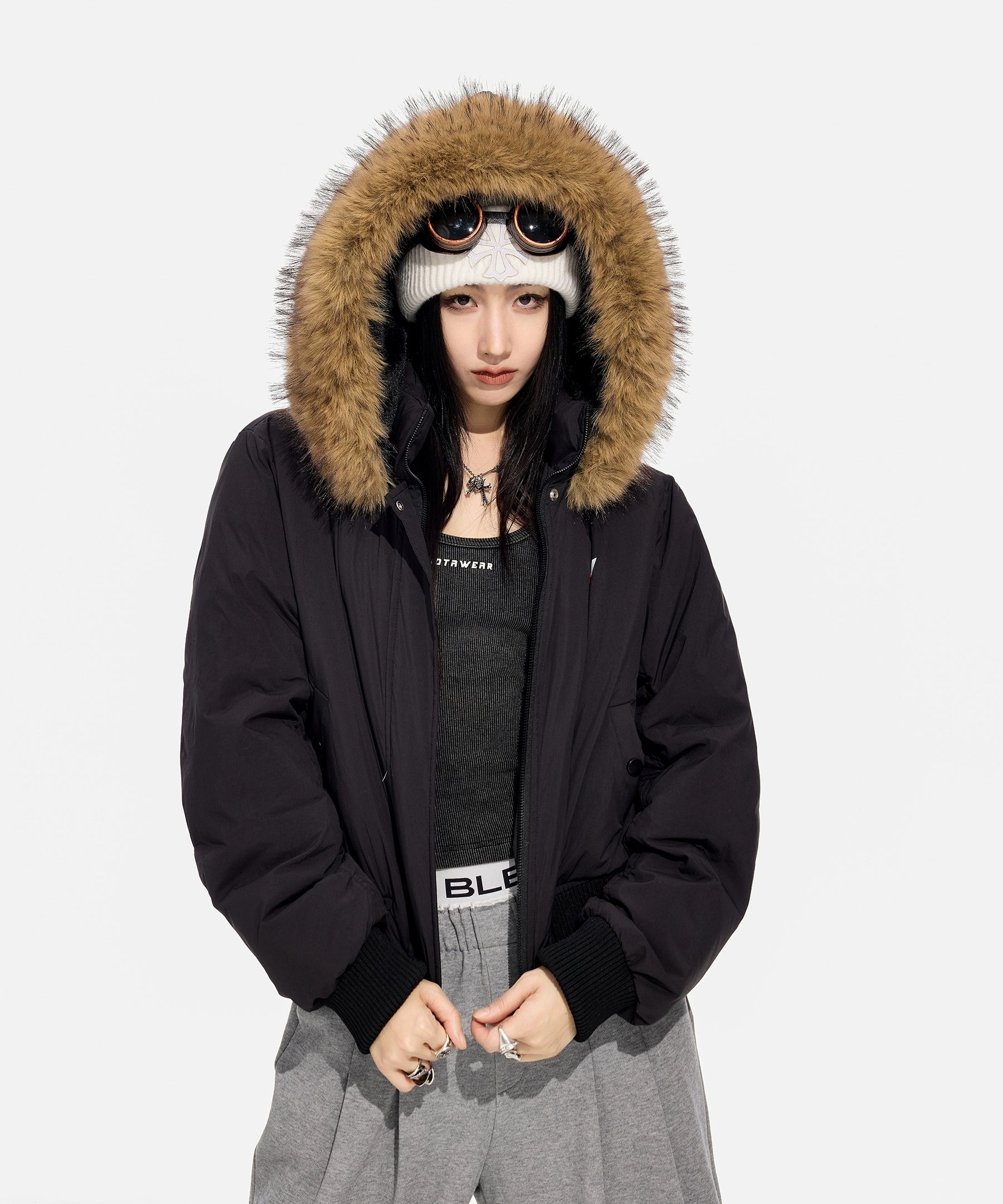 ICH MODE 美式复古毛领连帽立领棉服女秋冬季防寒棉衣修身短外套