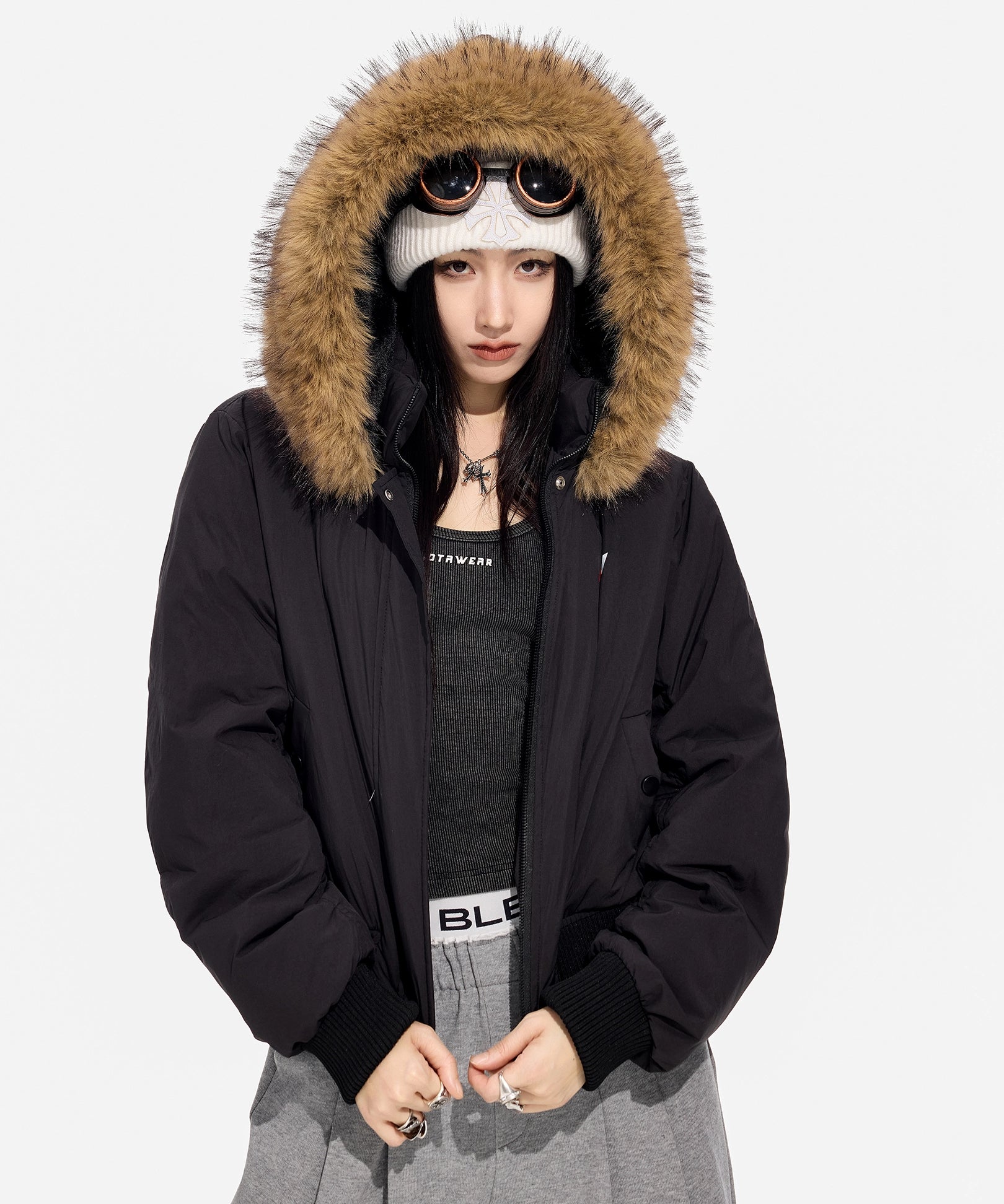 ICH MODE 美式复古毛领连帽立领棉服女秋冬季防寒棉衣修身短外套