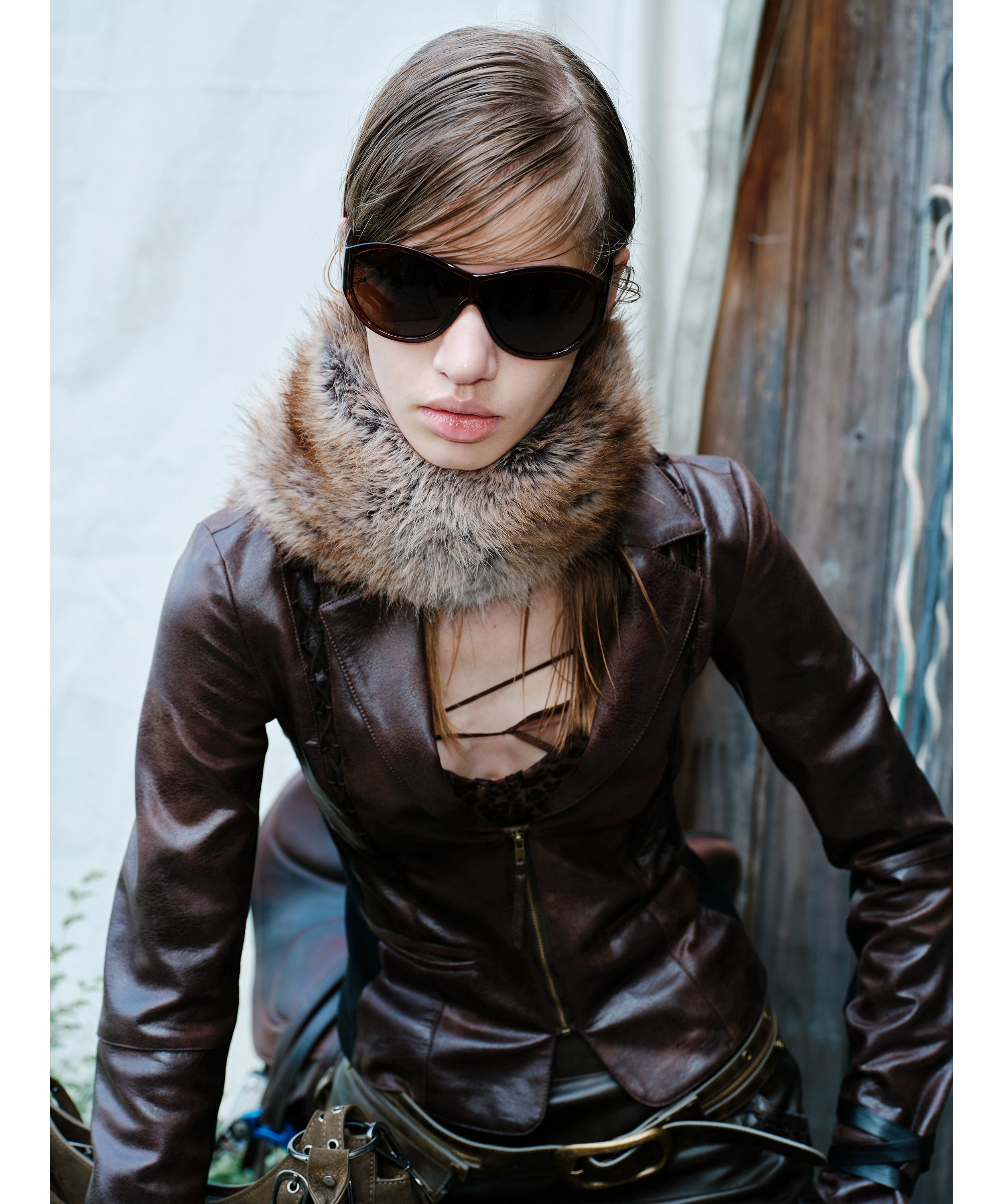 2th Desire双色毛尖蓬松保暖拼接皮牌冬日毛皮草围巾