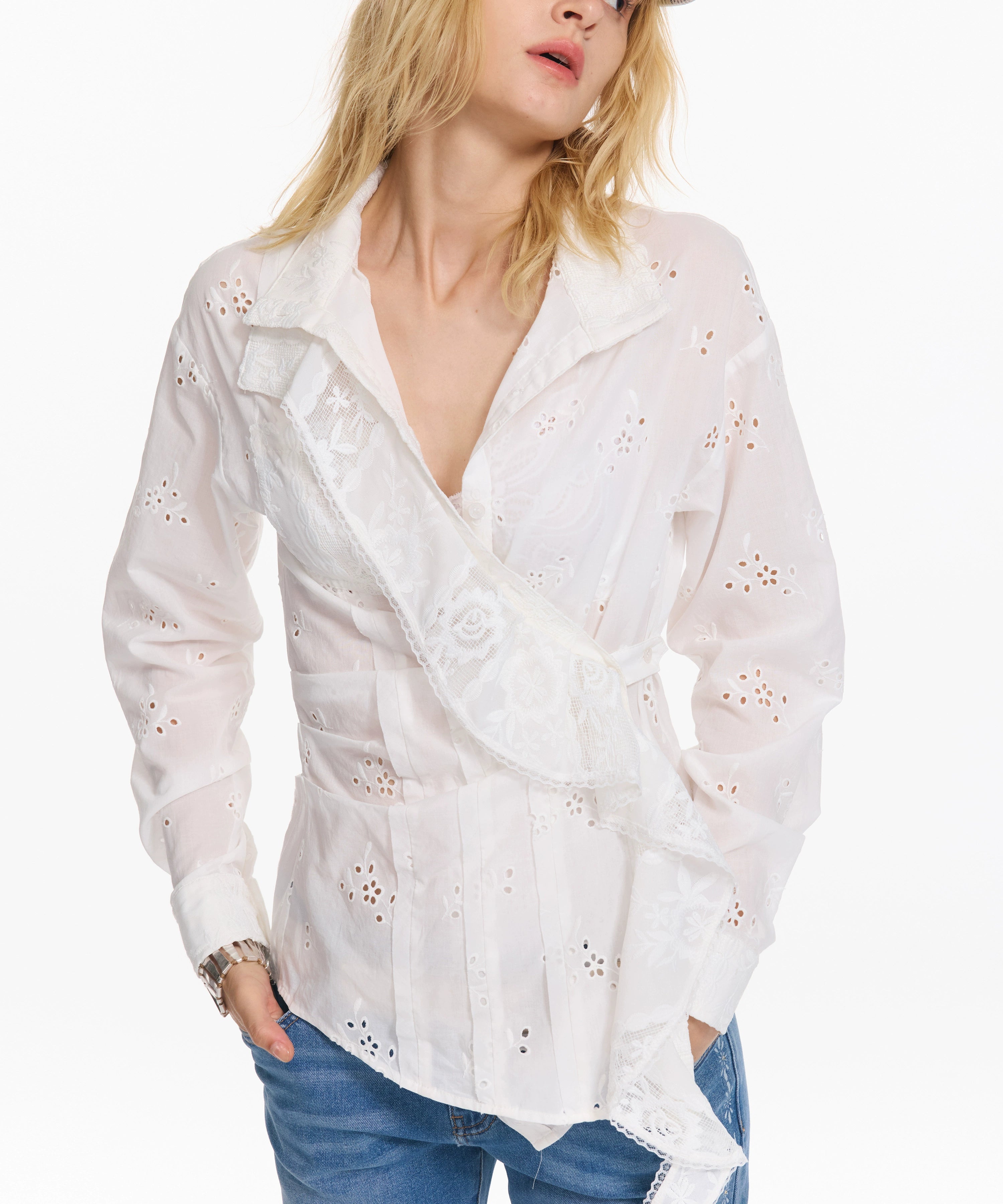 2th Desire 镂空绣花格纹不规则设计荷叶边宽松可收腰松弛感衬衫