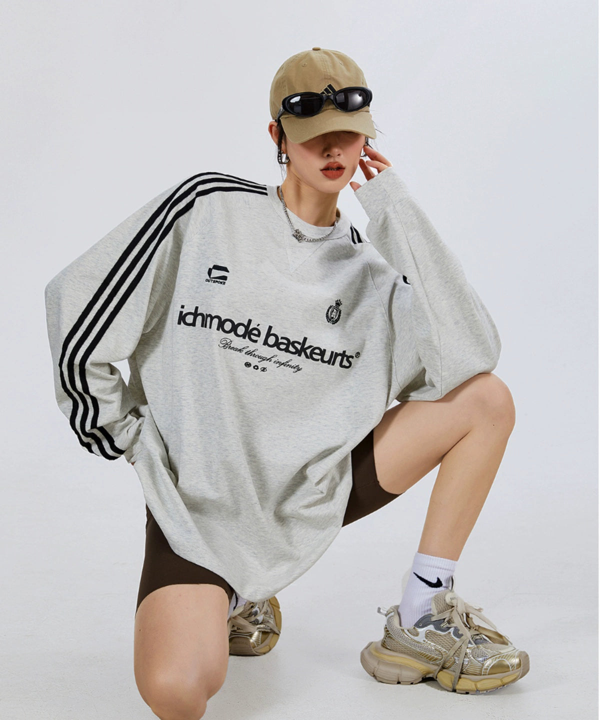 ICH MODE 270G美式复古条纹长袖T恤潮牌街头宽松休闲运动上衣女秋