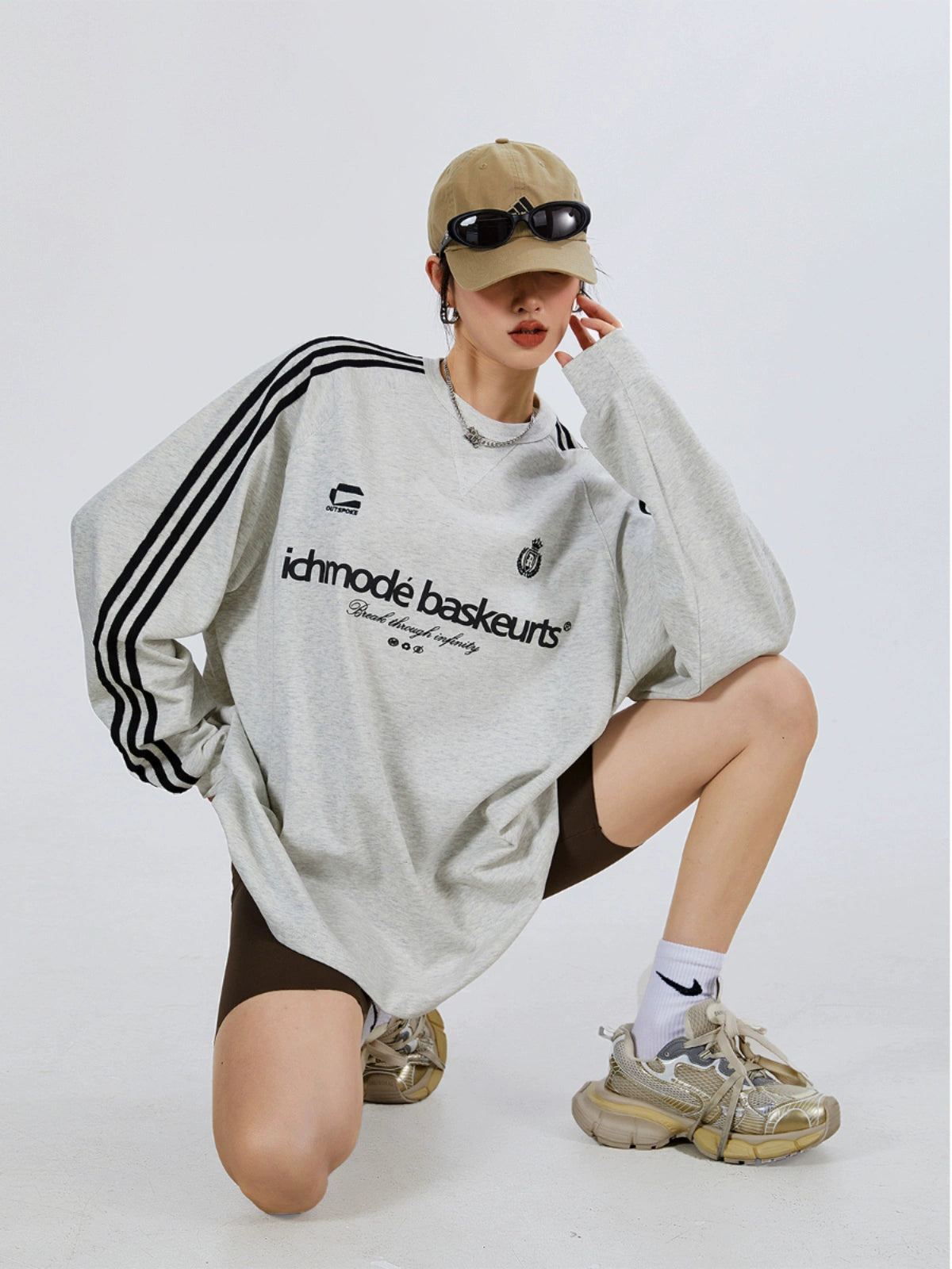 ICH MODE 270G美式复古条纹长袖T恤潮牌街头宽松休闲运动上衣女秋