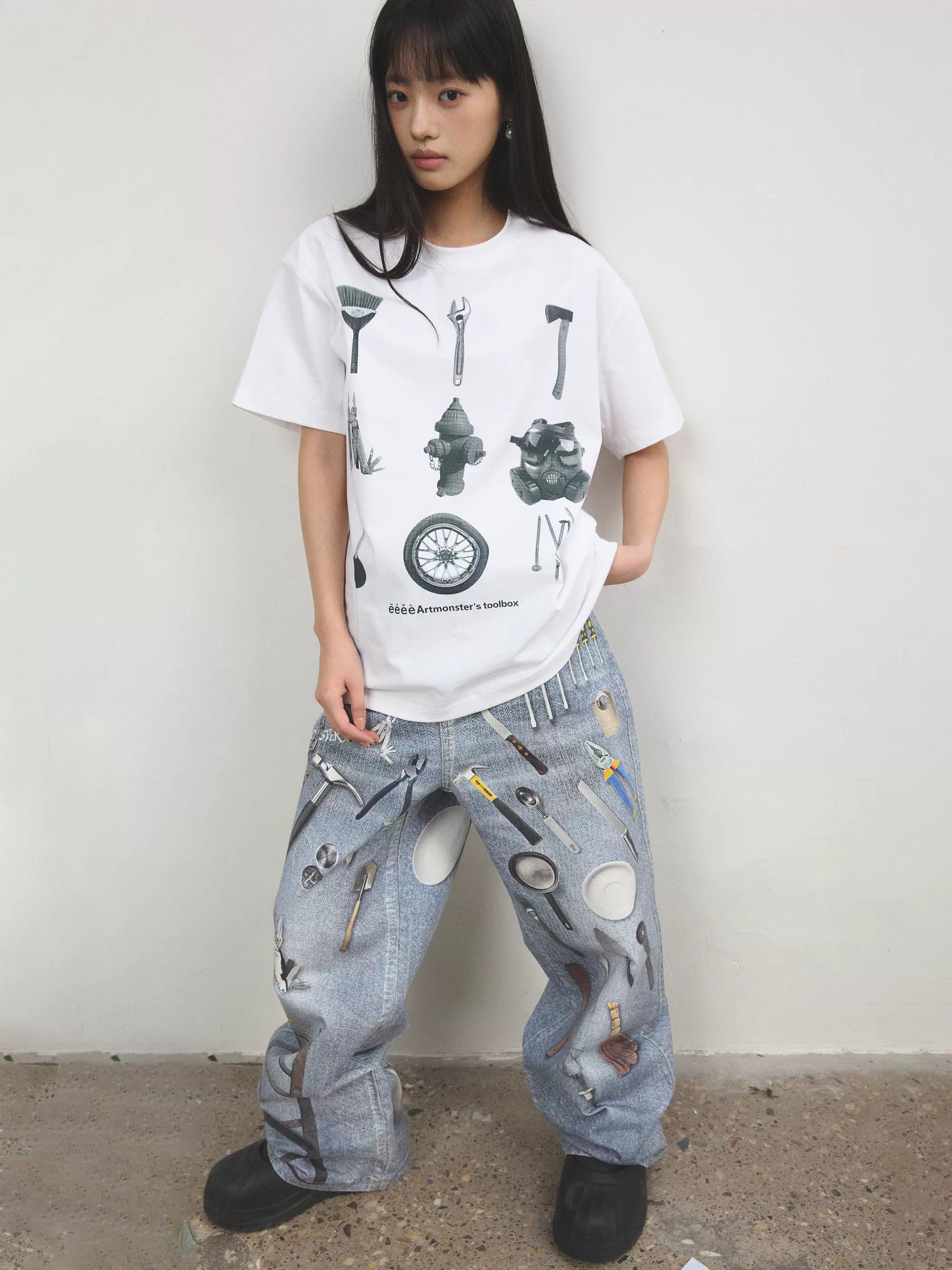 “百宝箱”| eeee复古五金工具箱印花短袖黑白艺术创意T恤宽松夏