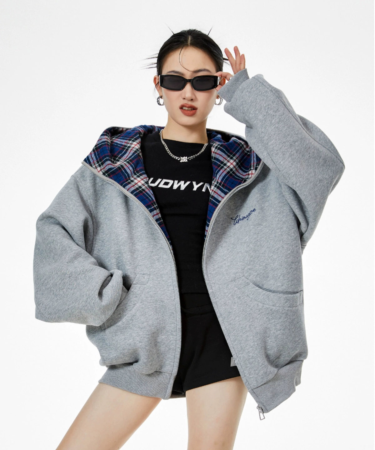 ICH MODE 明星同款 美式格子拼接卫衣外套女秋冬季运动开衫上衣