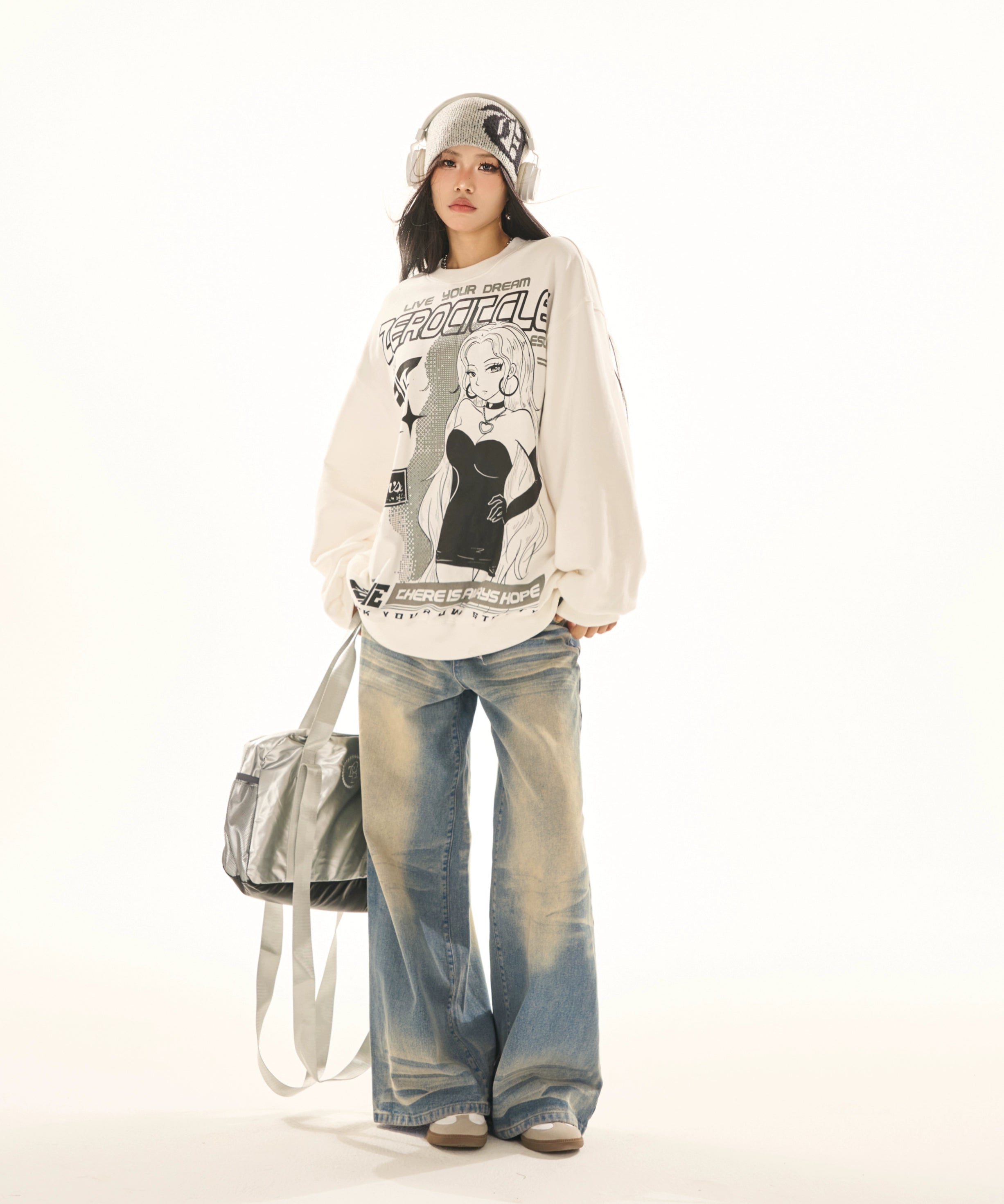 野生zerocircle白色慵懒风印花圆领卫衣女春小众韩版宽松显瘦上衣