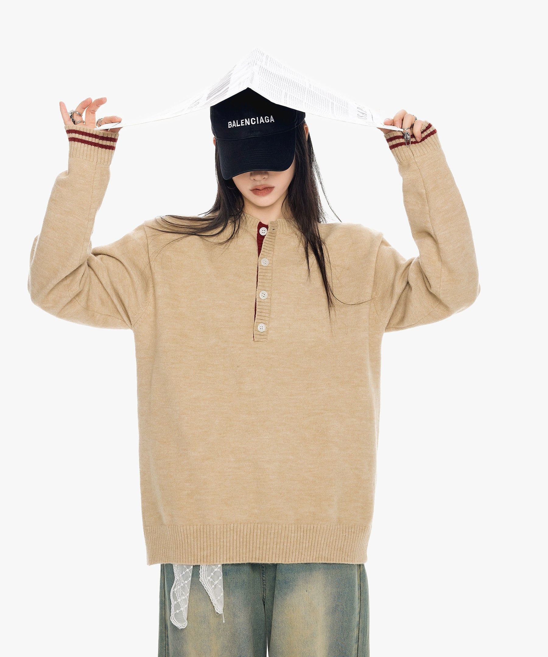 ICH MODE 美式复古亨利领毛衣女秋冬慵懒高级感毛针织衫长袖上衣