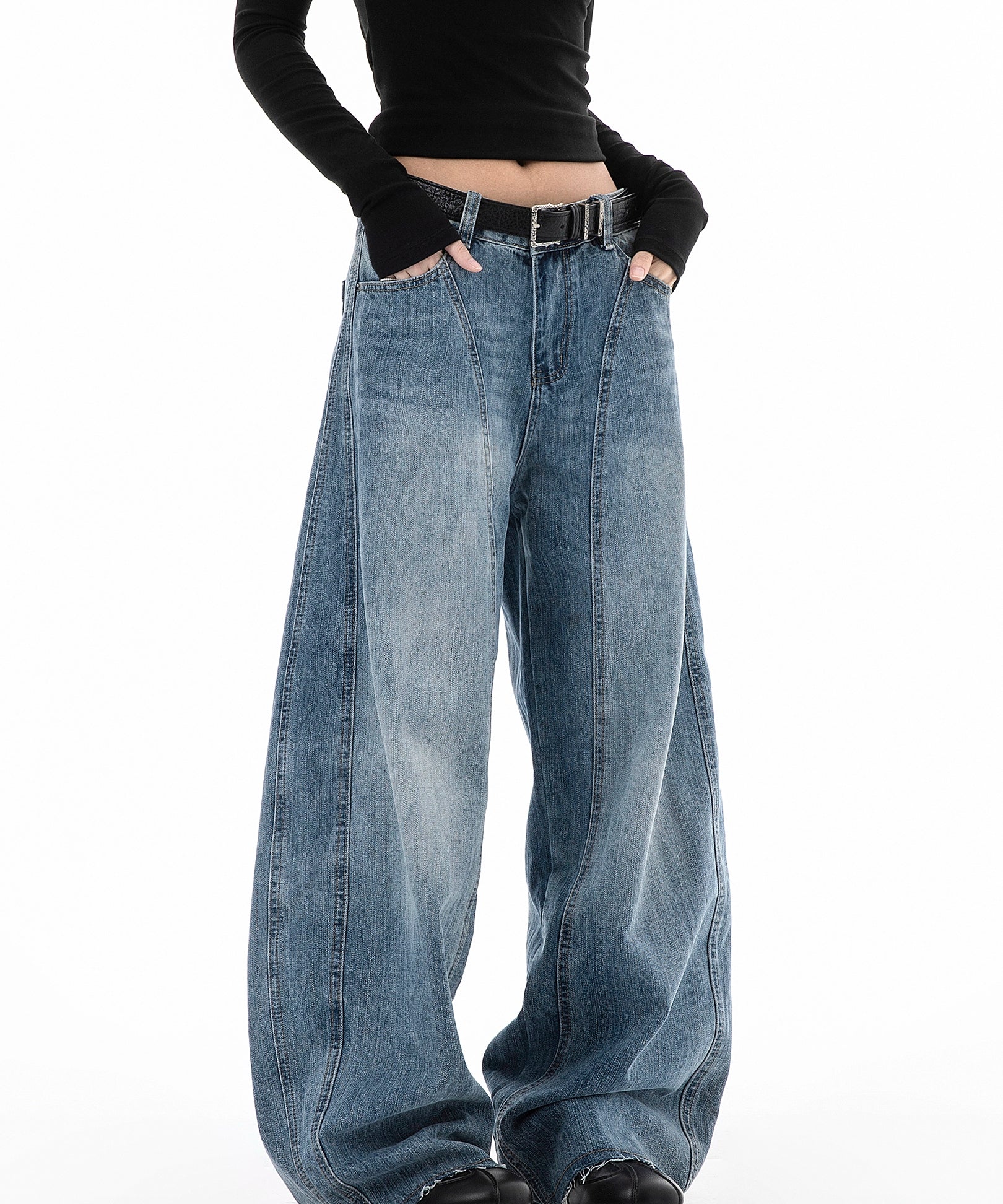 ICH MODE 美式复古水洗牛仔裤女秋冬宽松直筒裤弯刀裤休闲阔腿裤