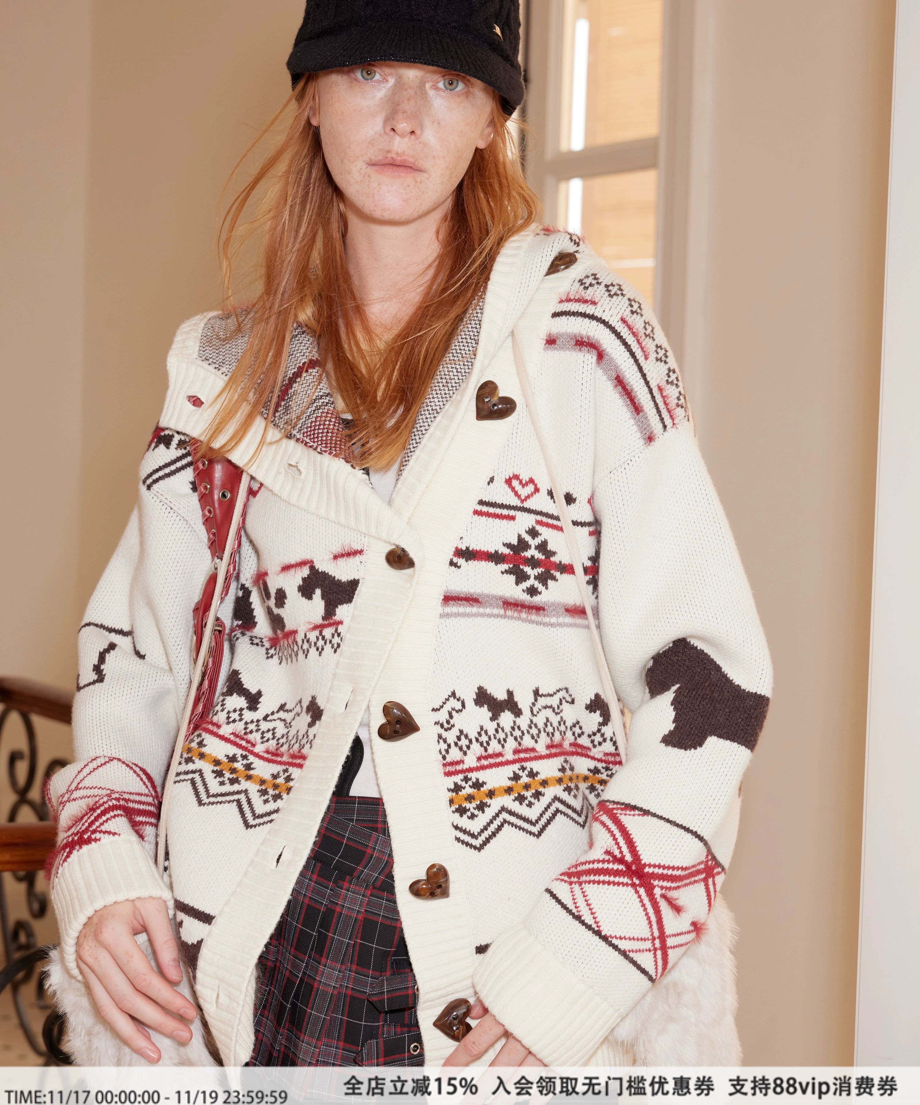 2th Desire费尔岛复古羊毛爱心小狗提花连帽针织开衫慵懒毛衣外套