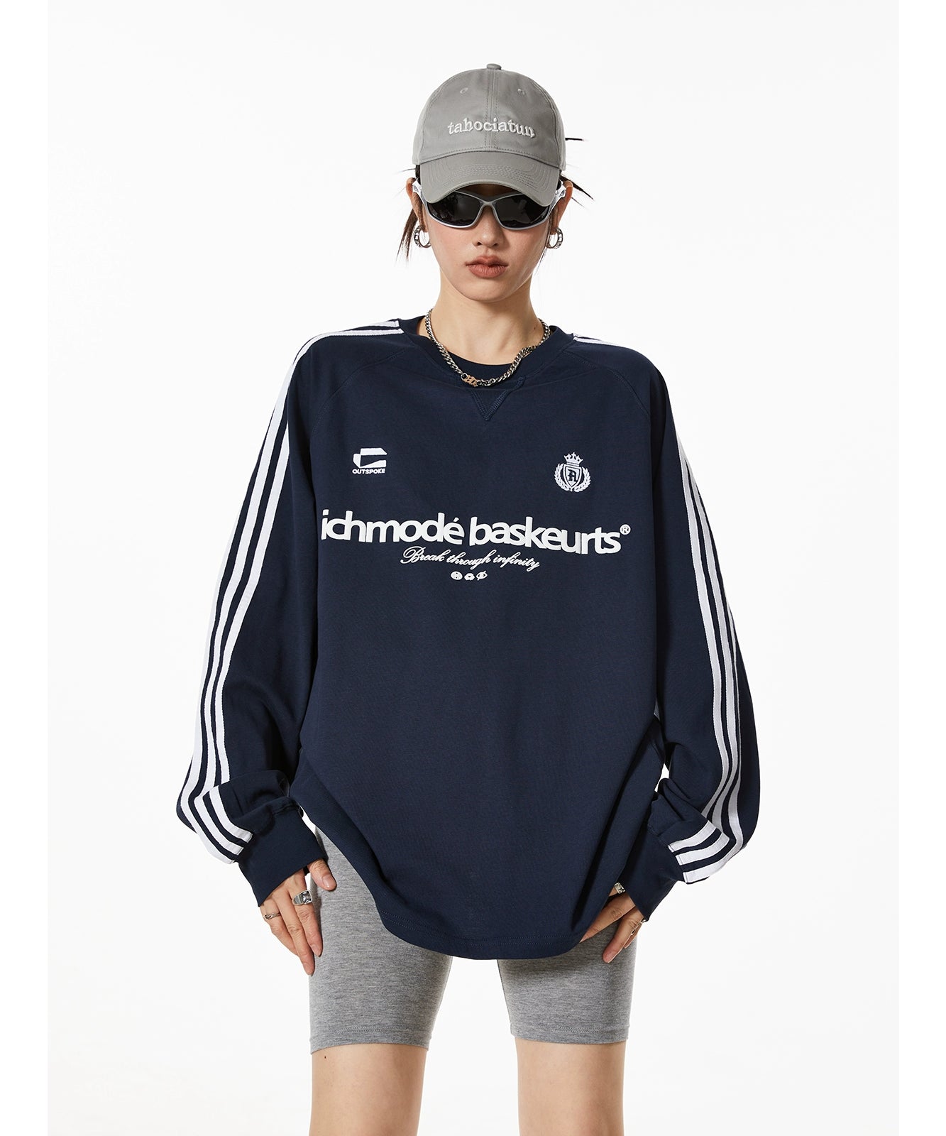 ICH MODE 270G美式复古条纹长袖T恤潮牌街头宽松休闲运动上衣女秋