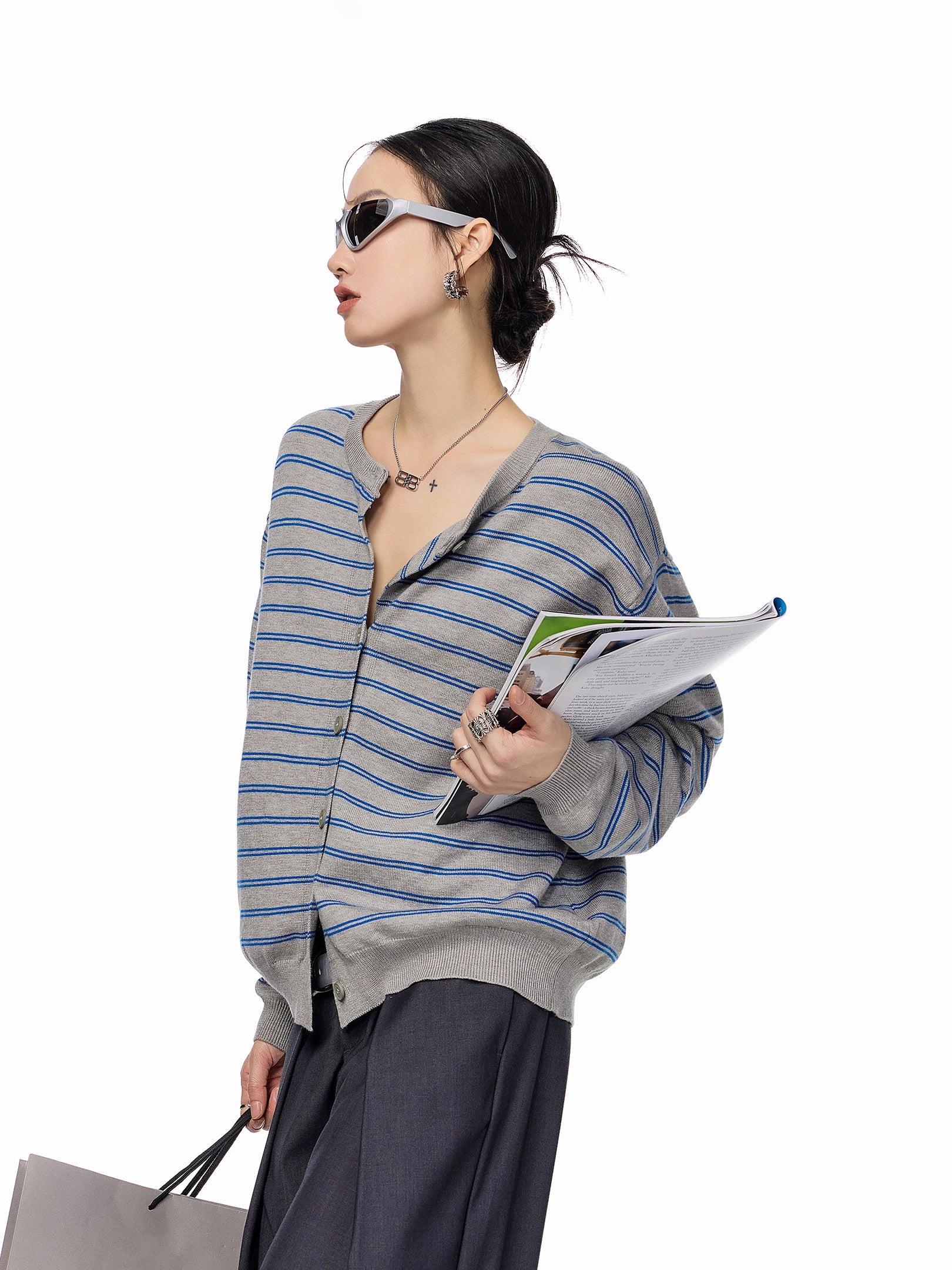 ICH MODE 美式复古条纹针织开衫女秋冬宽松毛衣休闲外搭上衣外套