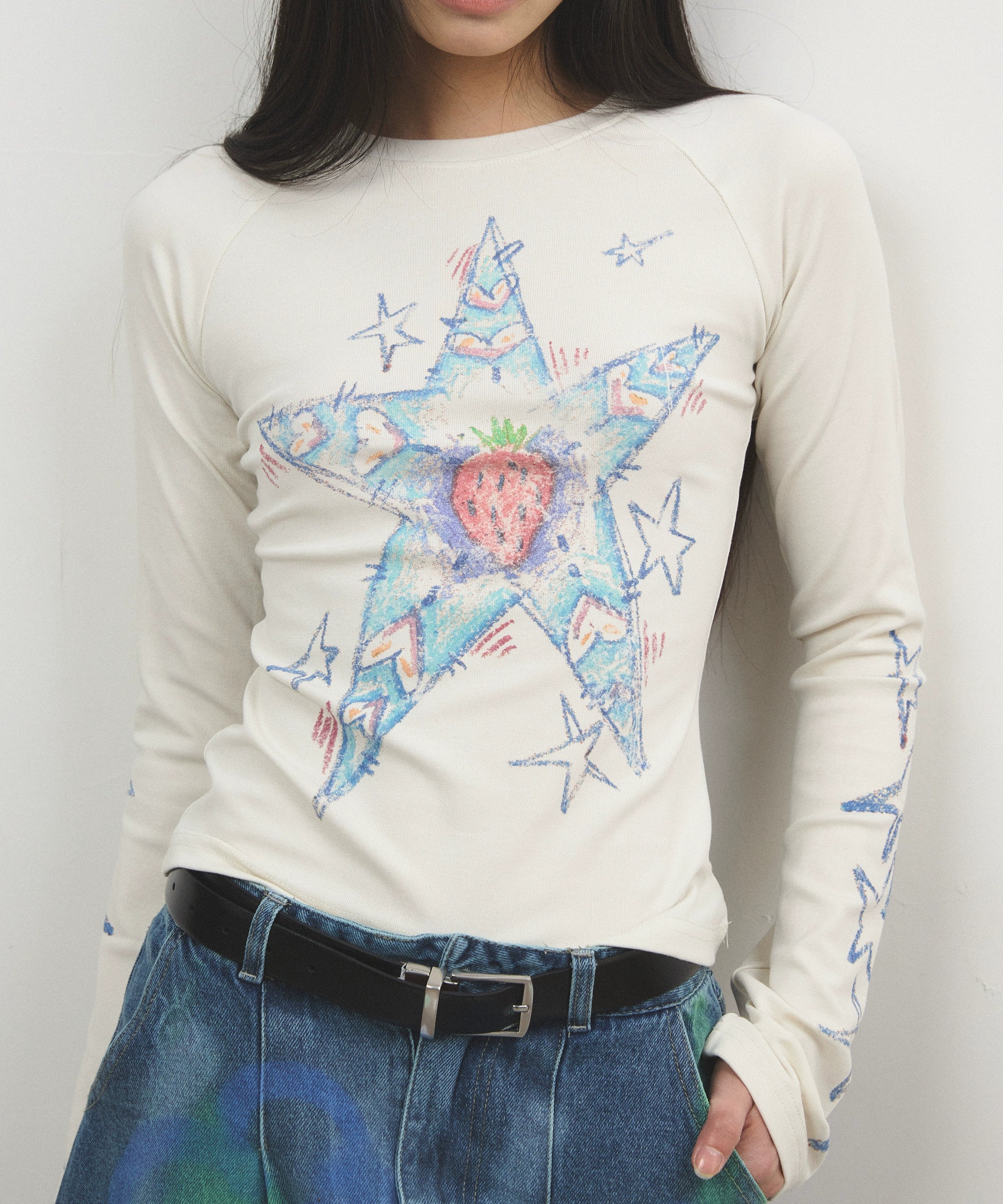 eeeeArtmonster“星星草莓多士”蜡笔手绘涂鸦长袖T恤辣妹打底衫