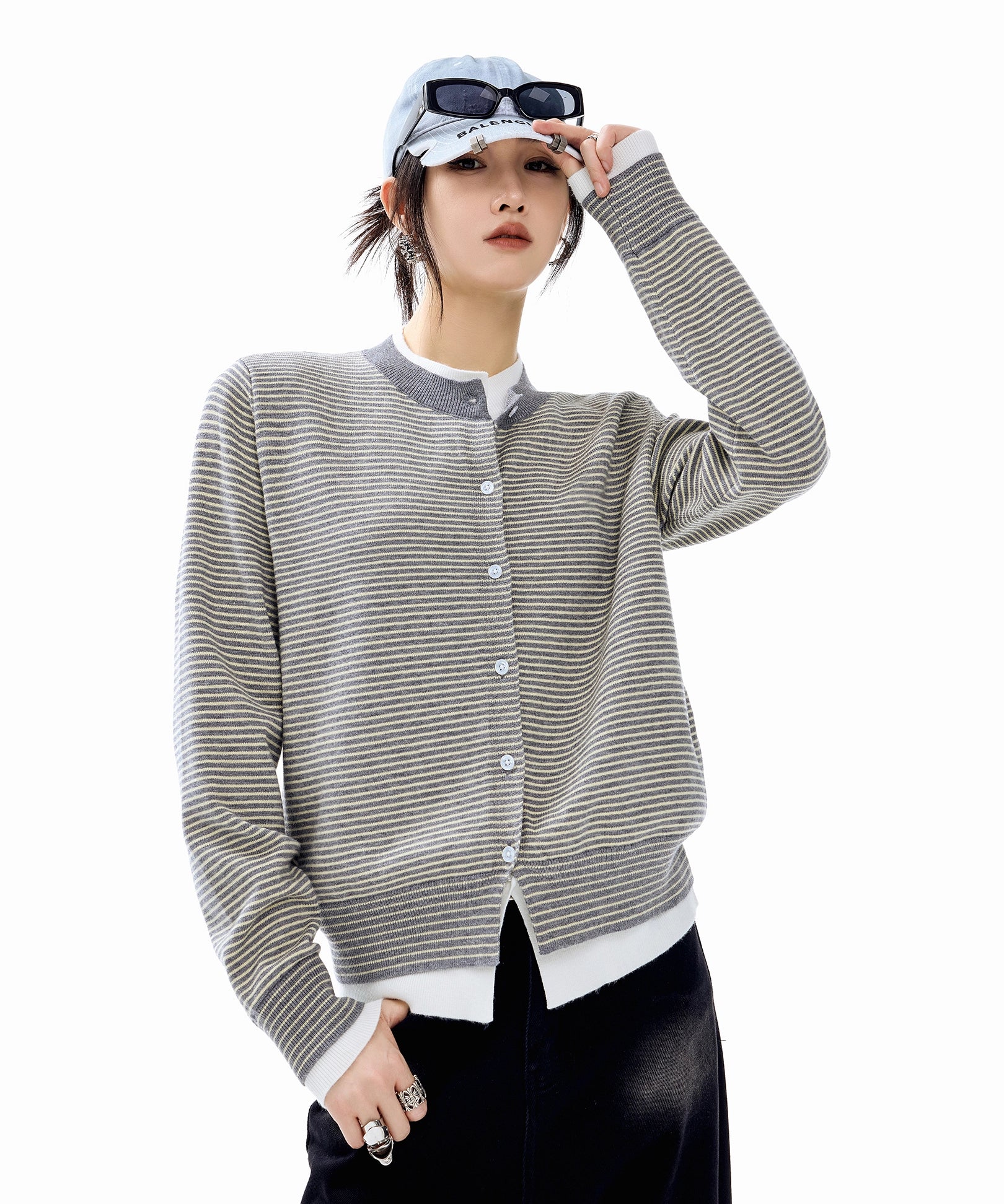 ICH MODE 美式假两件撞色条纹针织开衫女秋冬季短款修身毛衣外套