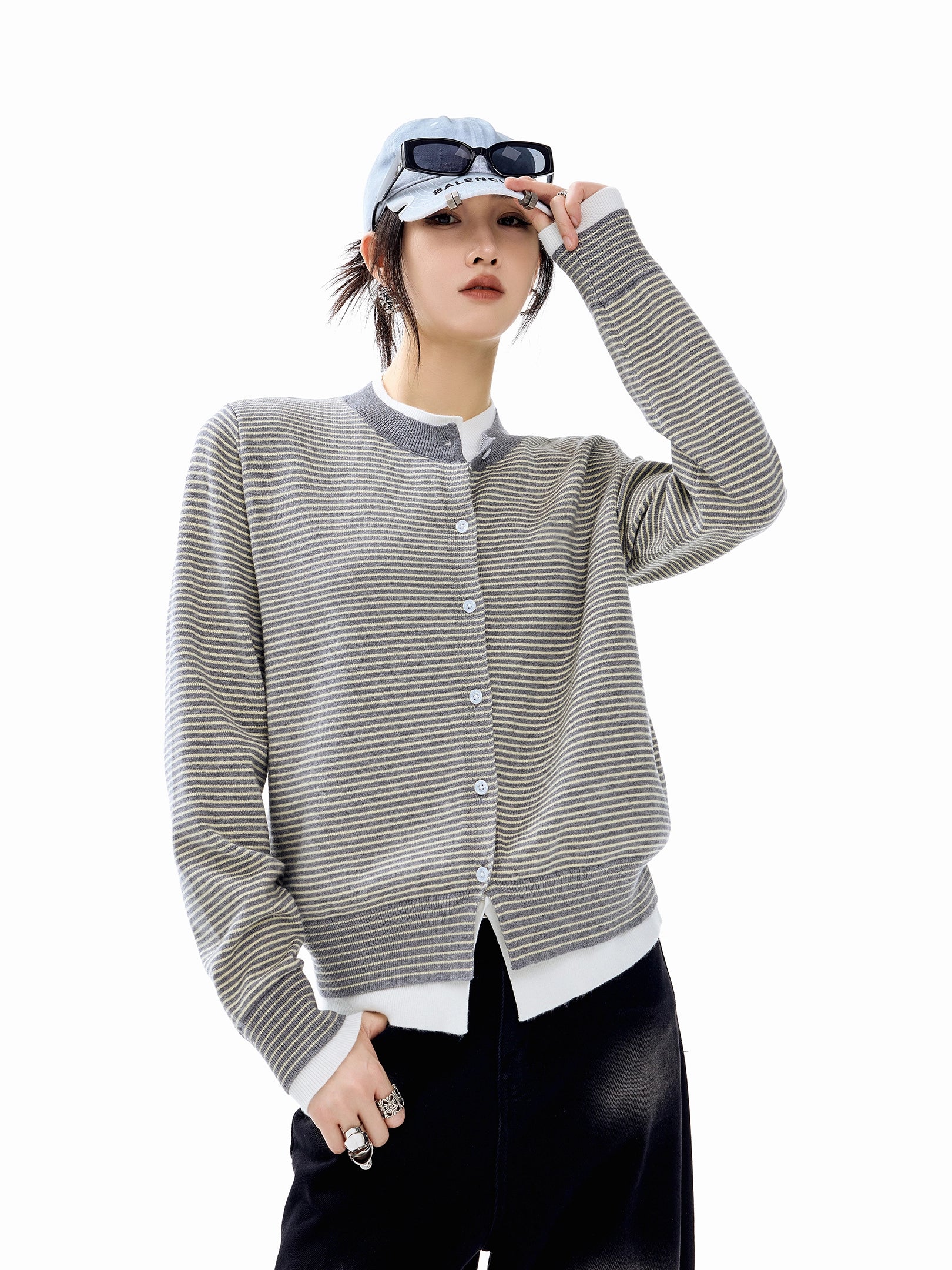 ICH MODE 美式假两件撞色条纹针织开衫女秋冬季短款修身毛衣外套