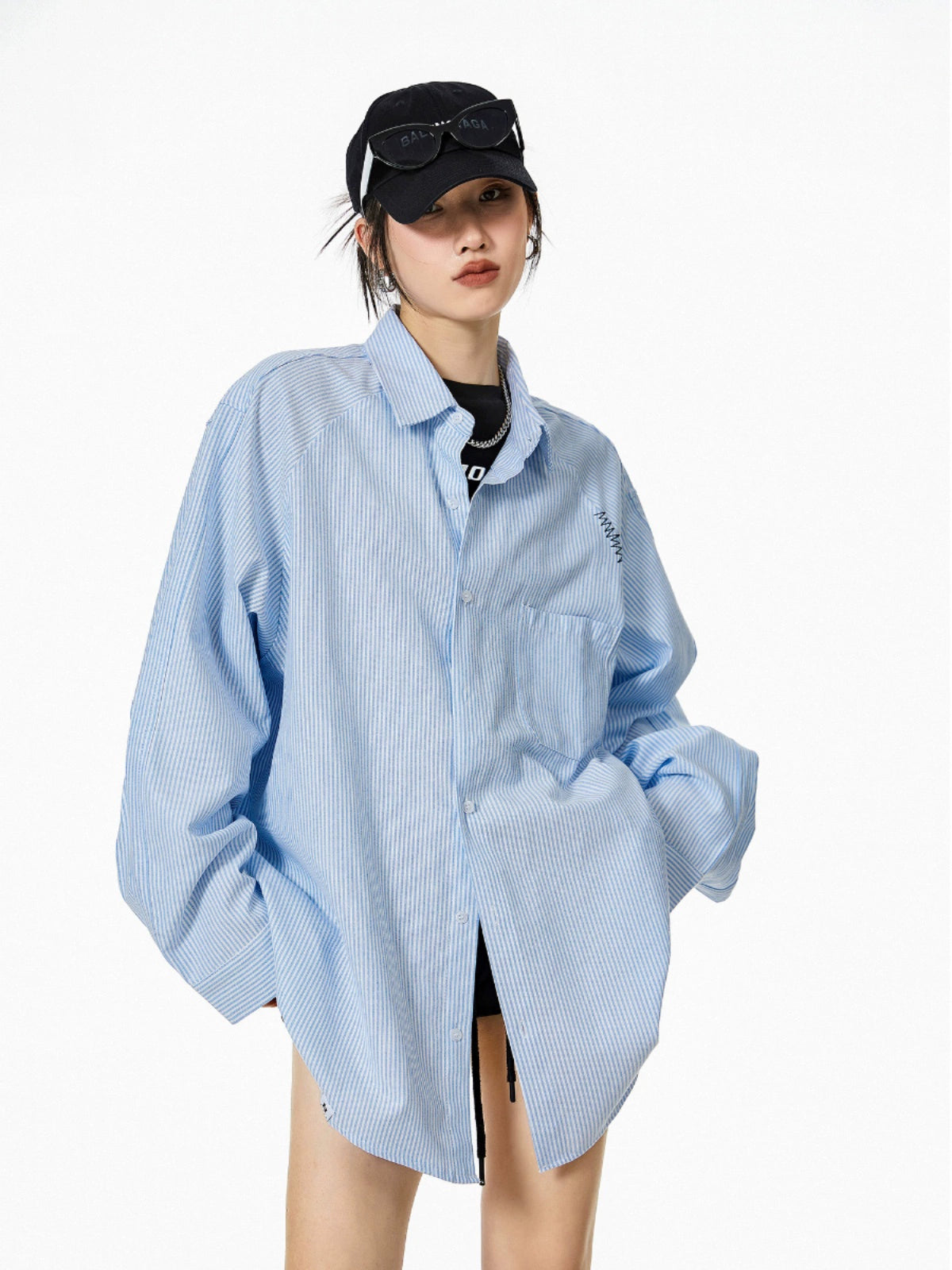 ICH MODE 美式复古条纹蓝色衬衫女秋2025新款宽松衬衣外套上衣