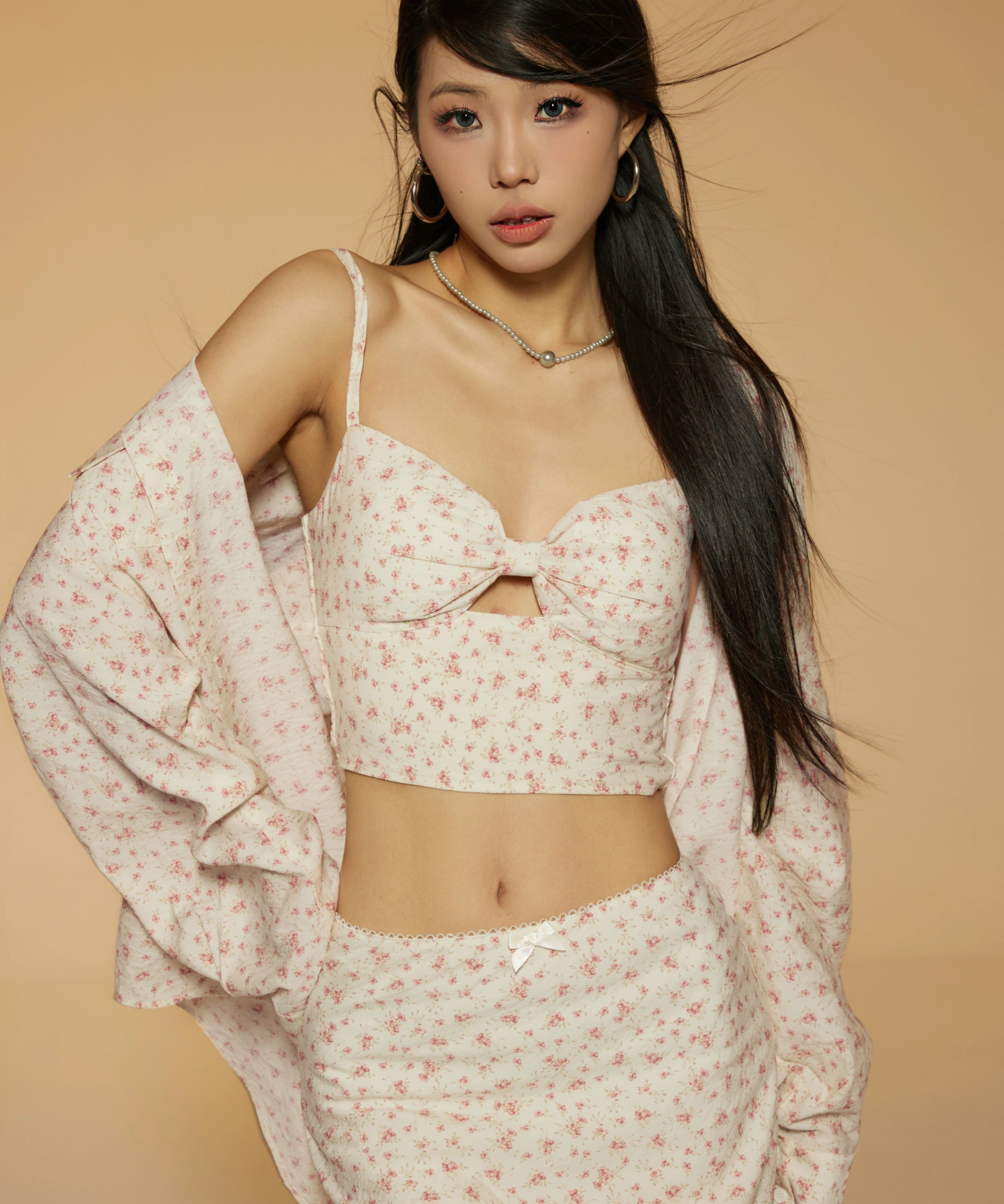 野生zerocircle 碎花衬衫三件套装裙女春夏吊带背心显瘦a字长裙子