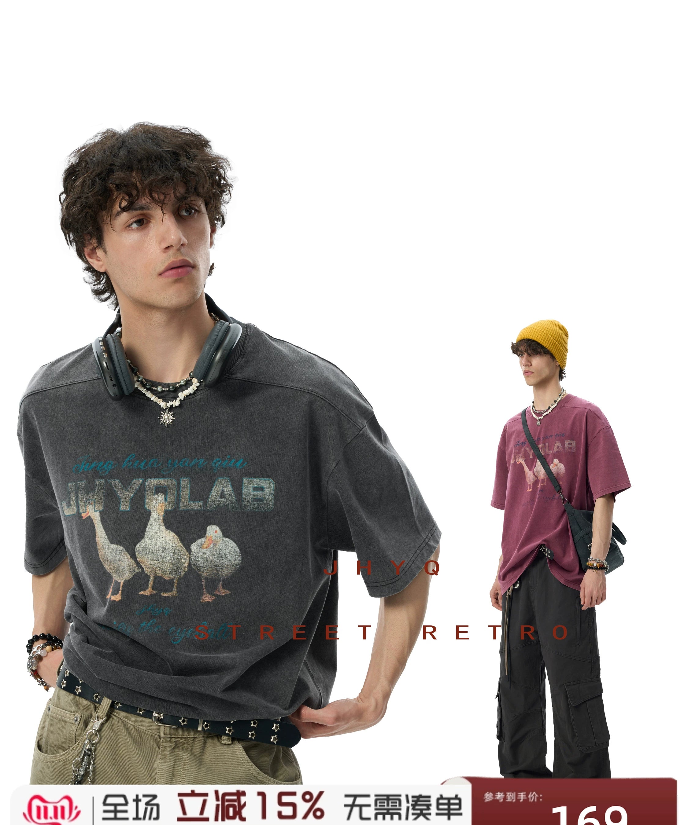 【2025好运鸭】JHYQ美式水洗做旧圆领短袖t恤男宽松重磅印花纯棉T