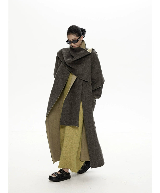 野生zero撞色长款廓形毛呢外套女秋冬新款设计感小众宽松加厚大衣