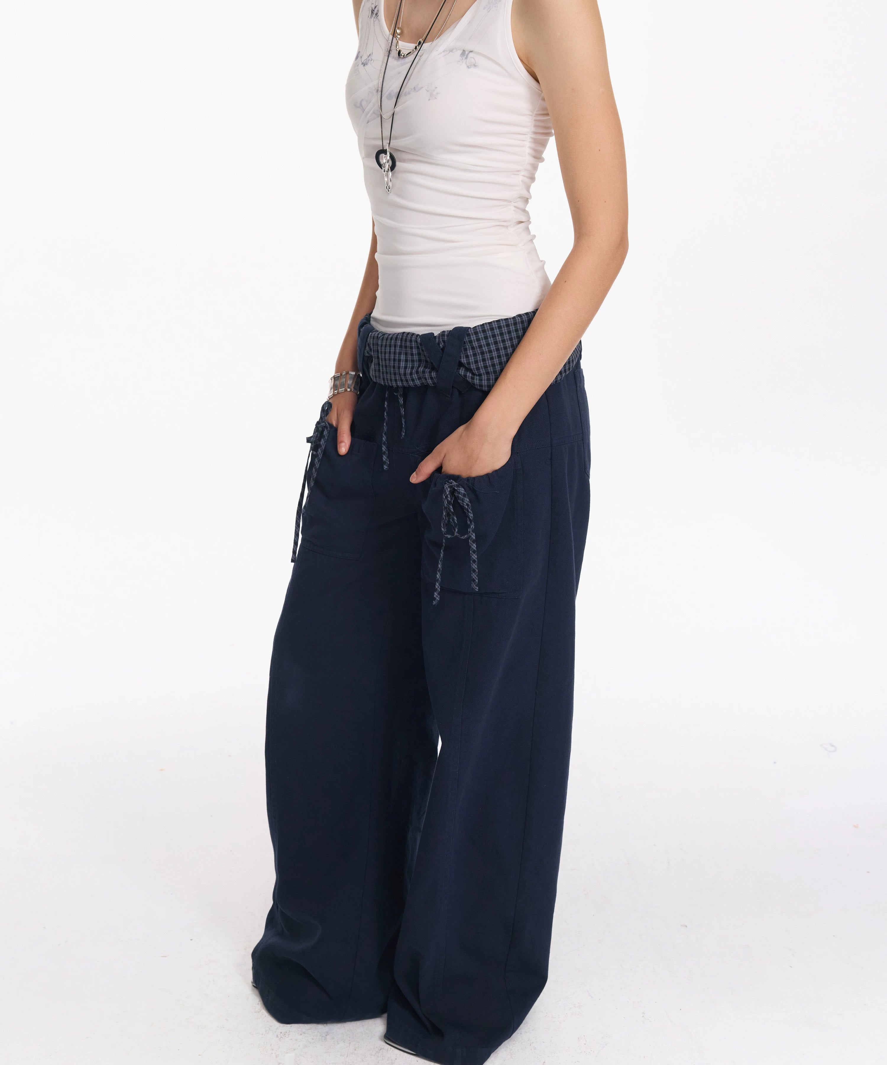 2th Desire 翻折泡泡感腰头系带立体口袋弯刀宽松休闲垂感长裤女