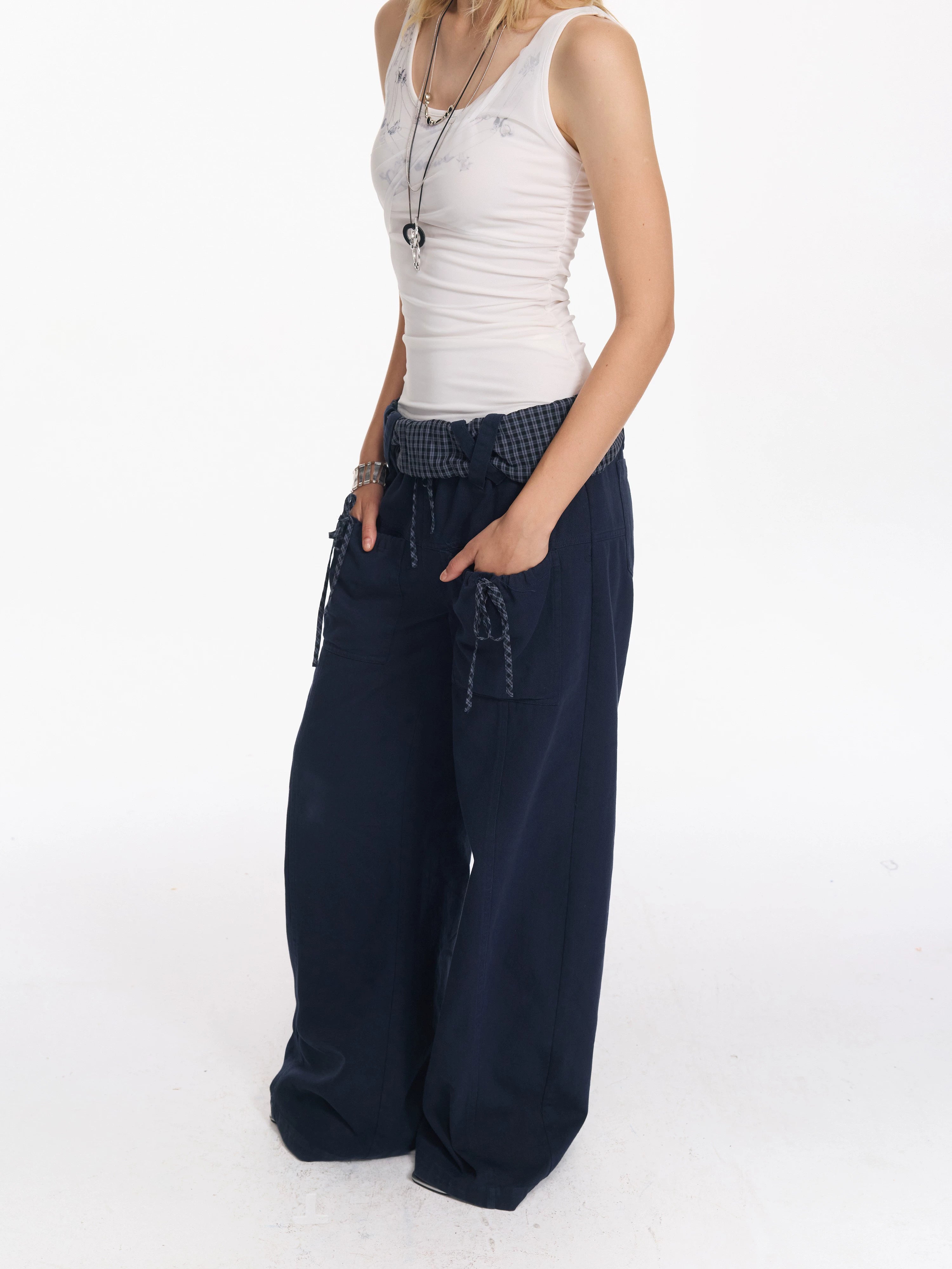 2th Desire 翻折泡泡感腰头系带立体口袋弯刀宽松休闲垂感长裤女