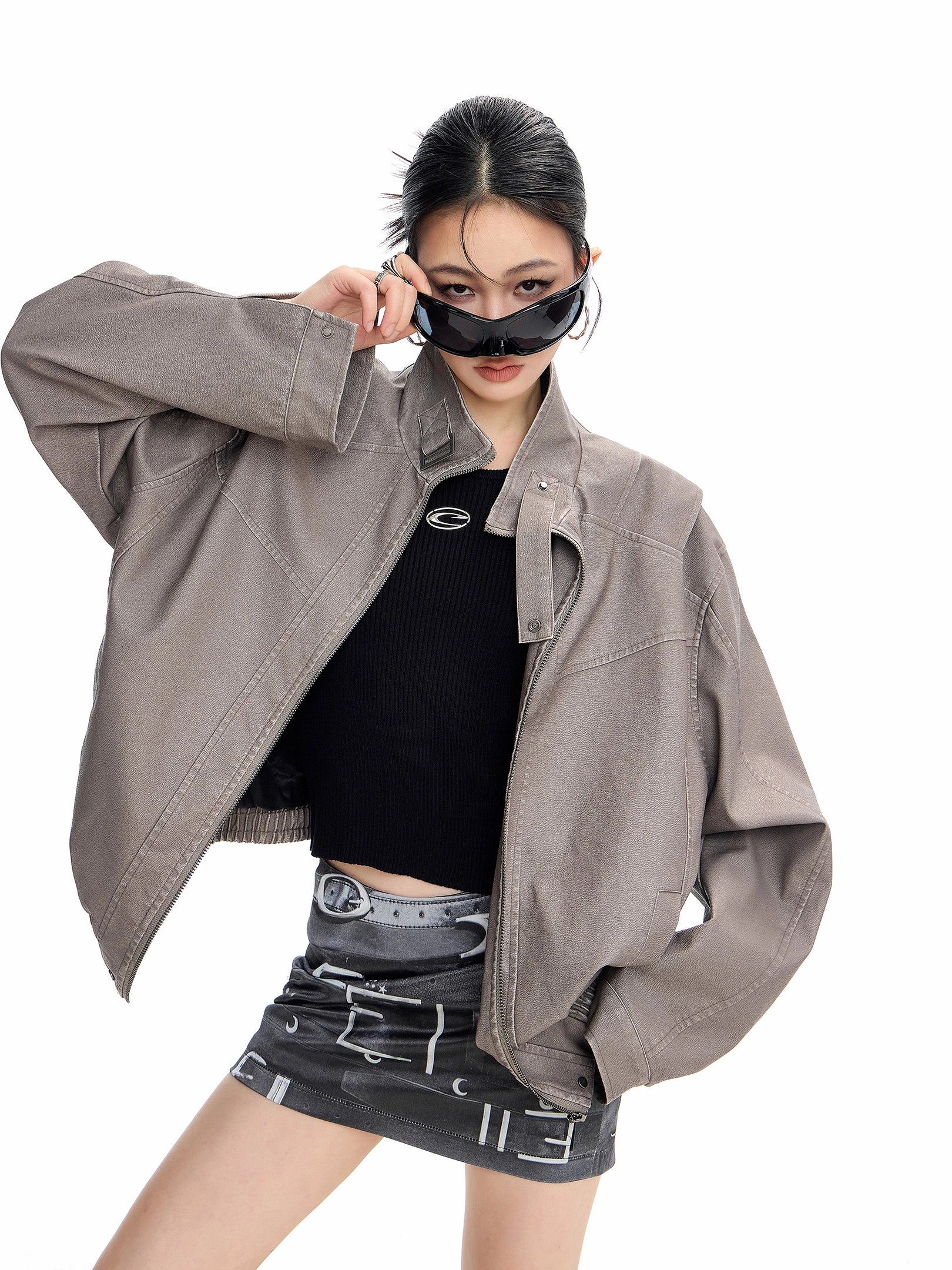 ICH MODE 美式复古立领皮衣外套女秋冬新款工装夹克休闲宽松上衣