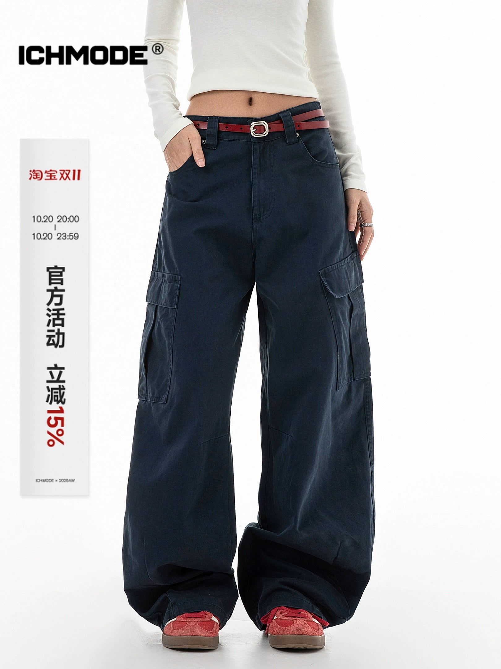 ICH MODE 美式口袋工装裤女2025新款流行宽松休闲裤直筒阔腿裤子