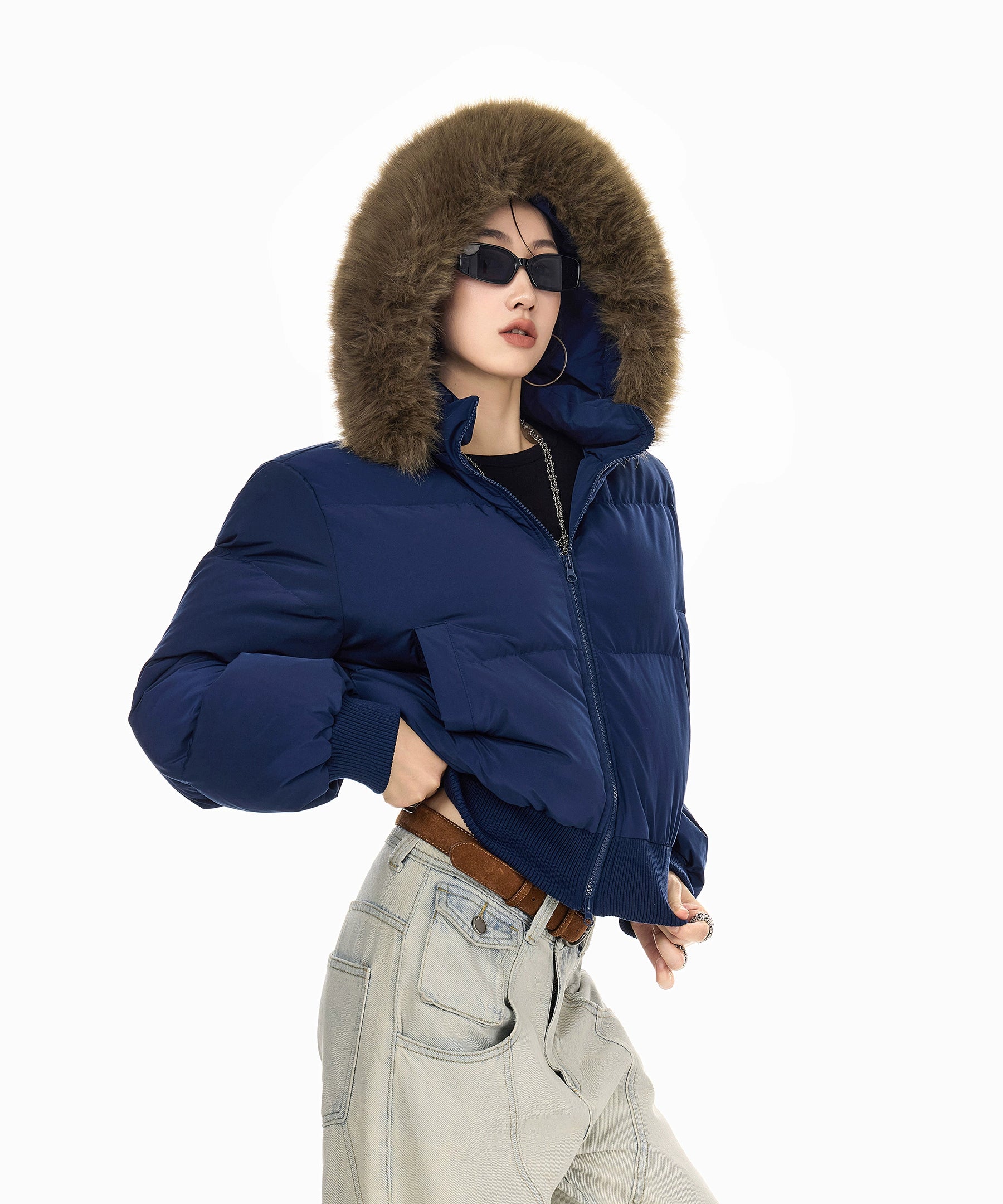 ICH MODE 美式复古大毛领短款棉服女秋冬季连帽开衫棉袄修身外套