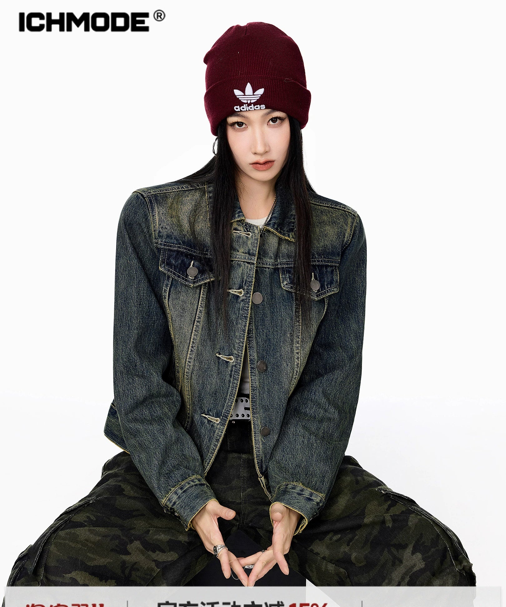 ICH MODE 美式复古做旧牛仔外套女秋冬2025新款短款开衫夹克上衣