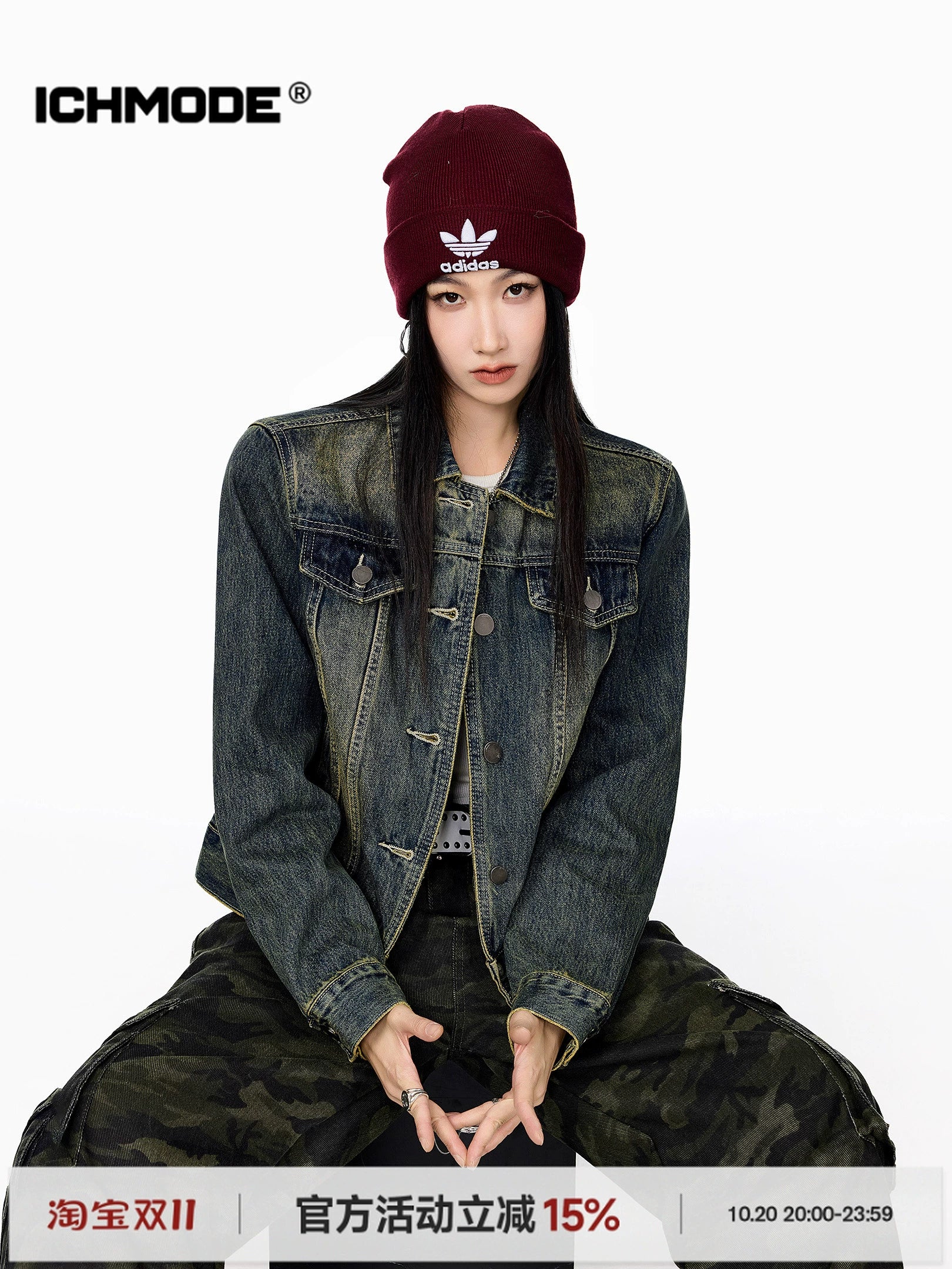 ICH MODE 美式复古做旧牛仔外套女秋冬2025新款短款开衫夹克上衣