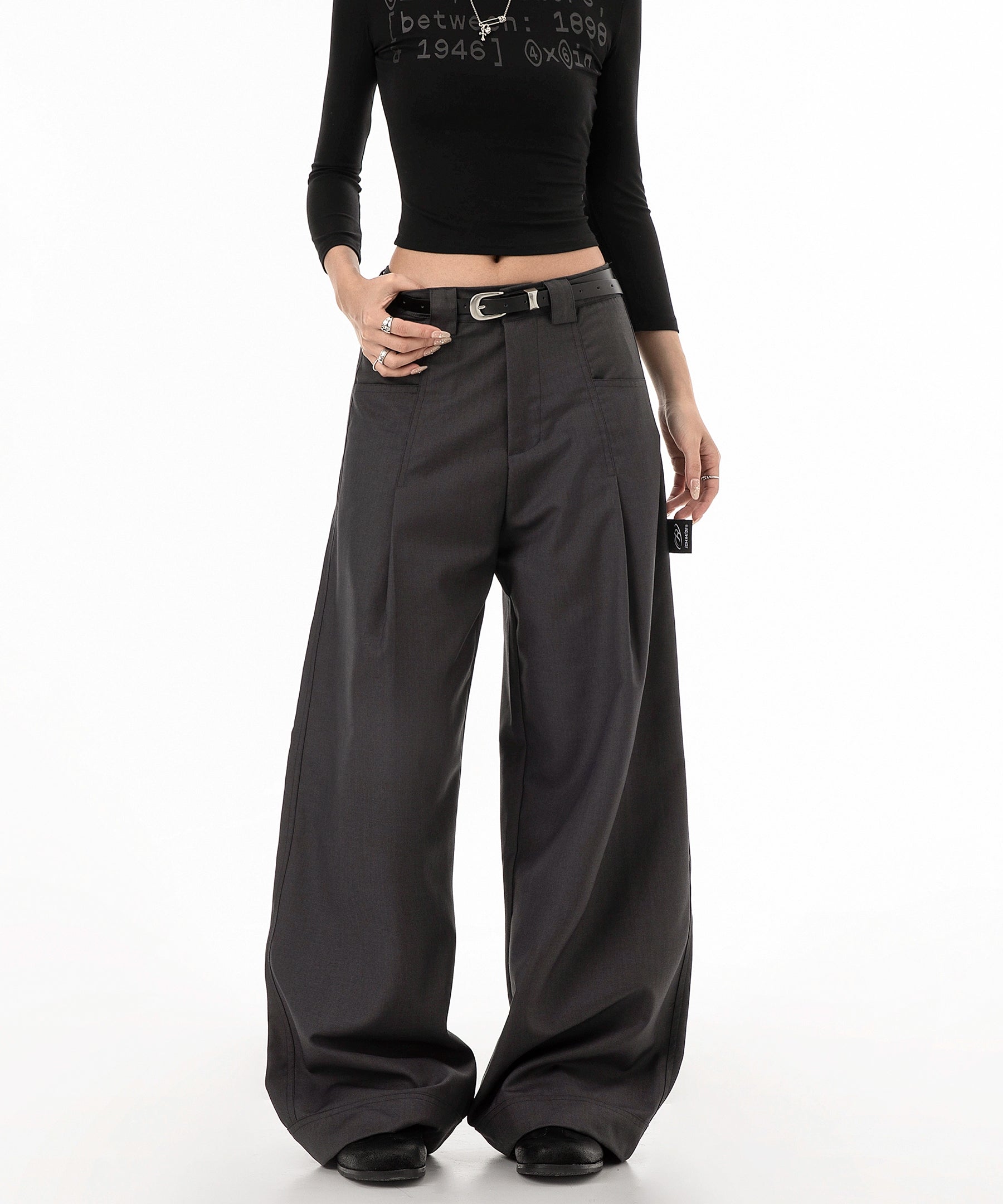 ICH MODE 美式复古刺绣休闲裤女秋冬宽松直筒裤阔腿裤垂感西装裤