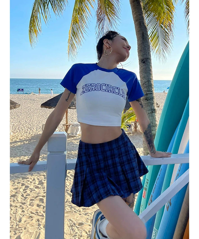 野生zero 绿蓝红色插肩短袖t恤女夏美式复古辣妹修身显瘦短款上衣