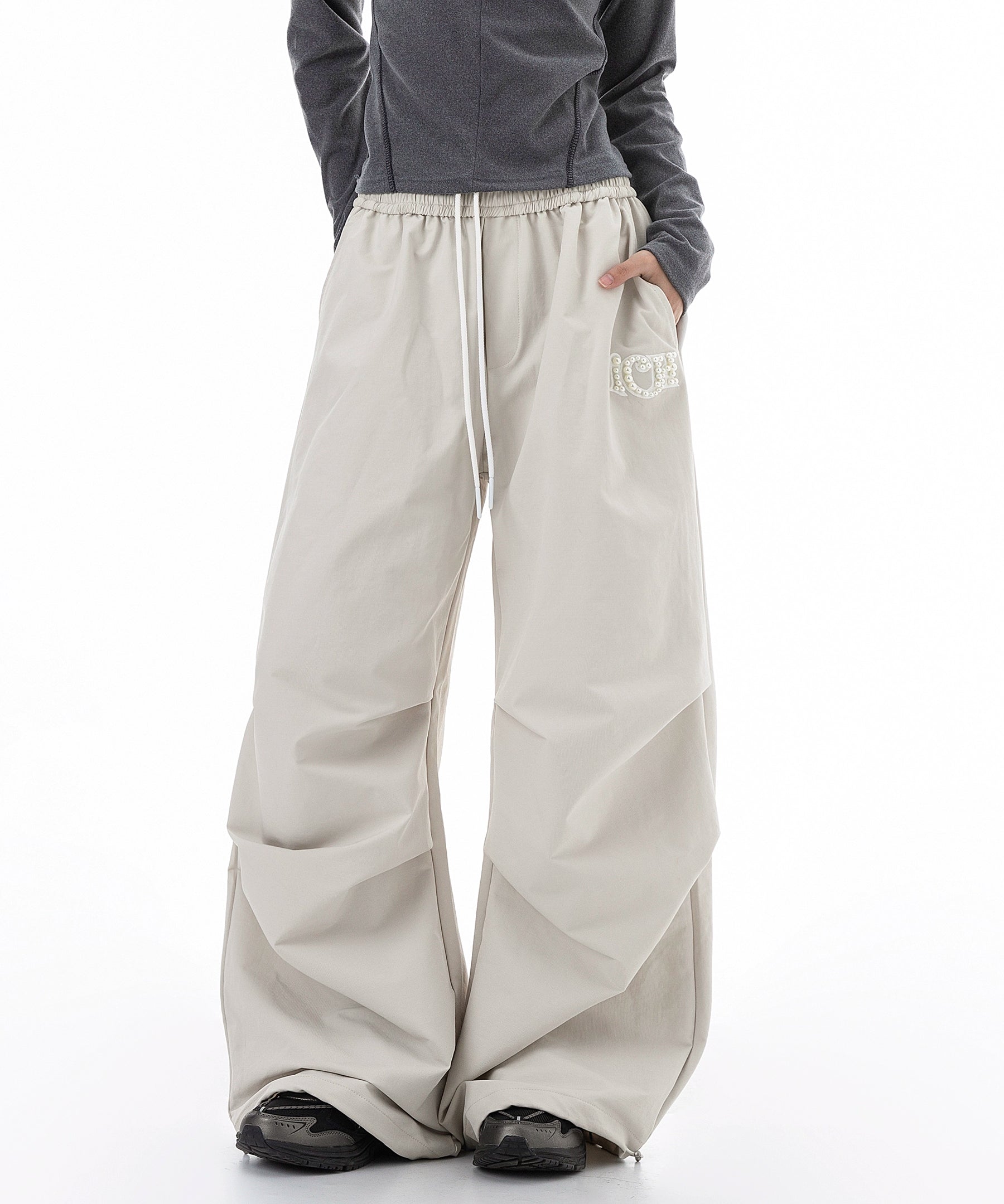 ICH MODE 美式复古珍珠休闲裤女宽松伞兵裤直筒裤阔腿弯刀运动裤