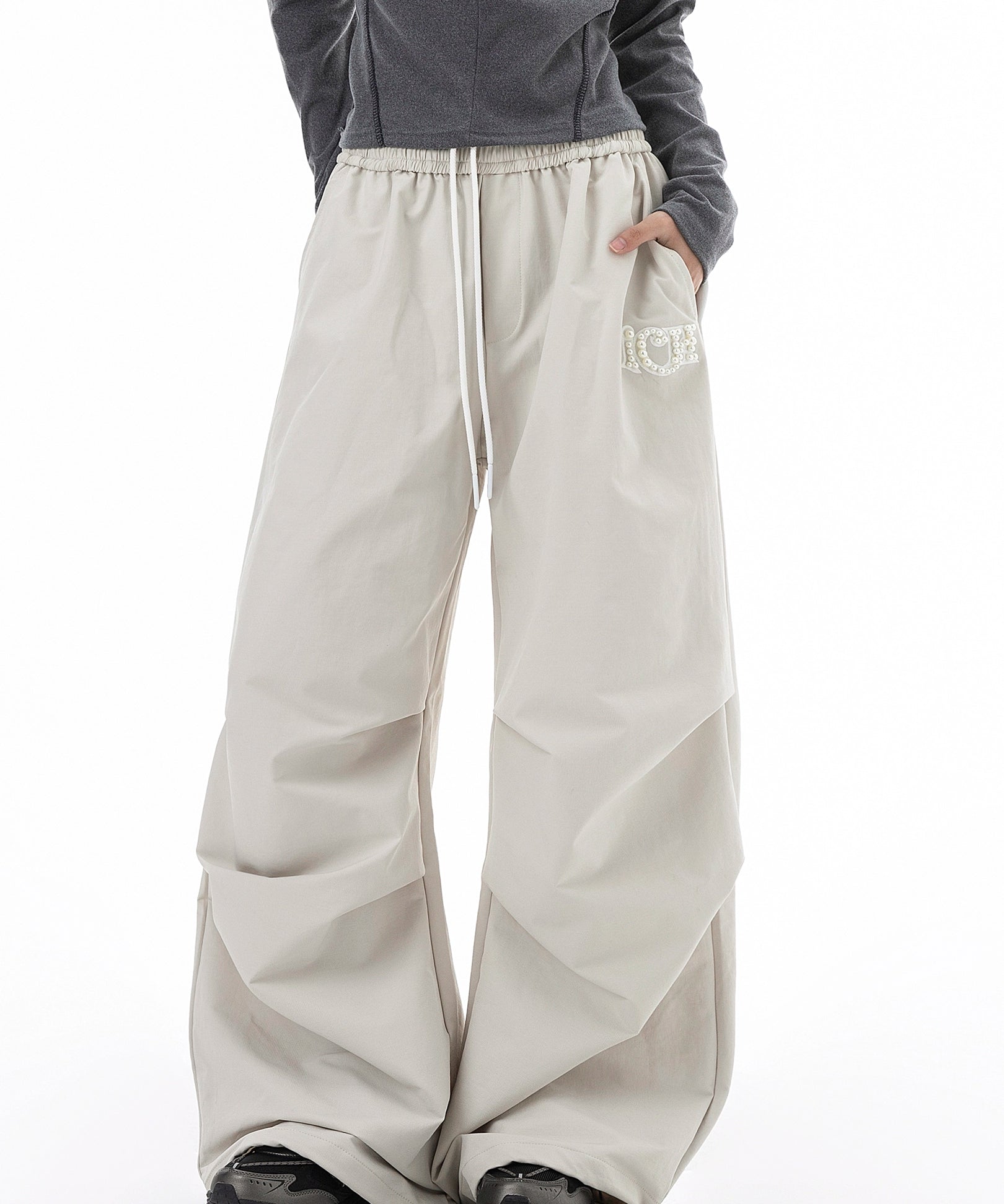 ICH MODE 美式复古珍珠休闲裤女宽松伞兵裤直筒裤阔腿弯刀运动裤