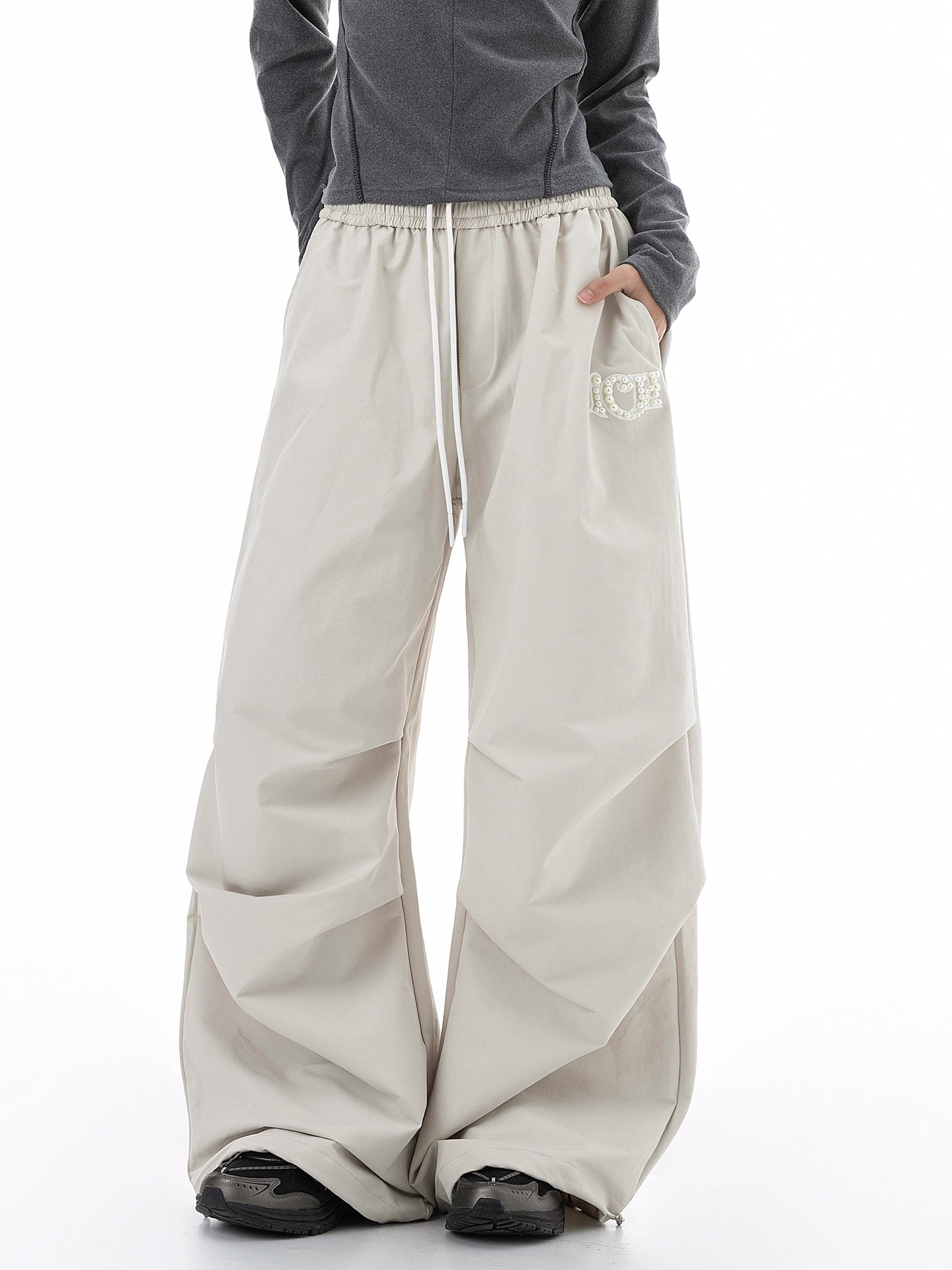 ICH MODE 美式复古珍珠休闲裤女宽松伞兵裤直筒裤阔腿弯刀运动裤