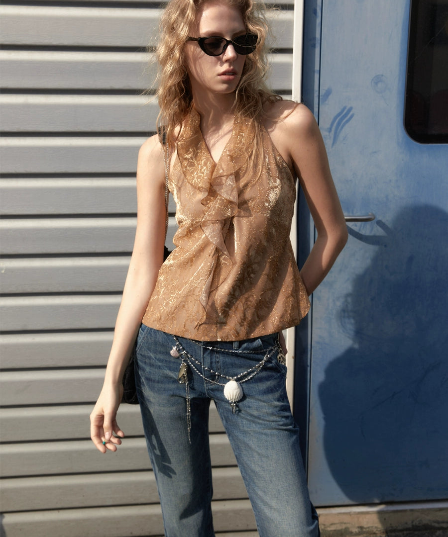 2th Desire荷叶边露背挂脖背心女夏独特宽松吊带无袖辣妹上衣外穿