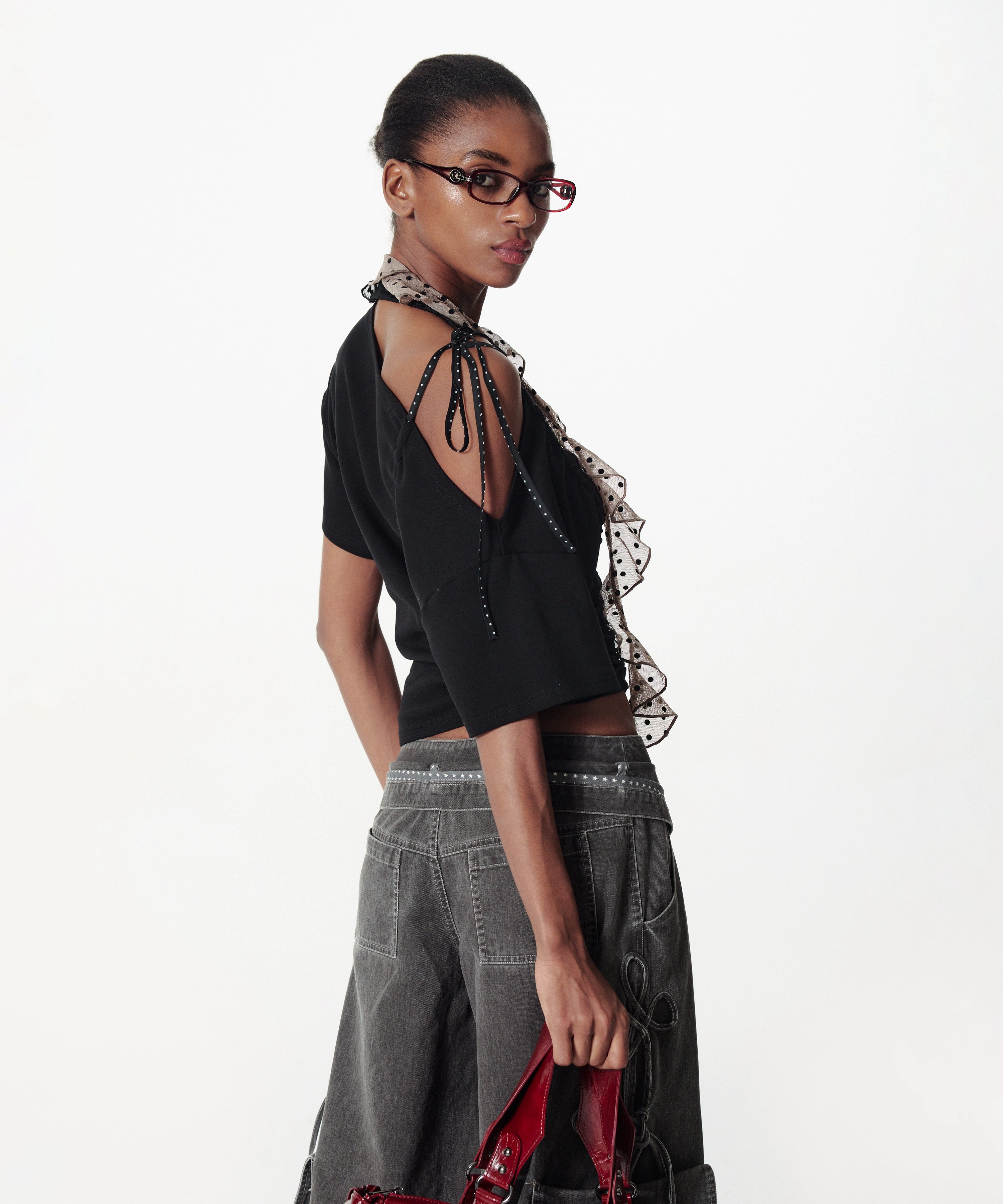 2th Desire斜肩撞色波点抽绳绑带拼接宽松蝙蝠袖柔软T恤上衣女