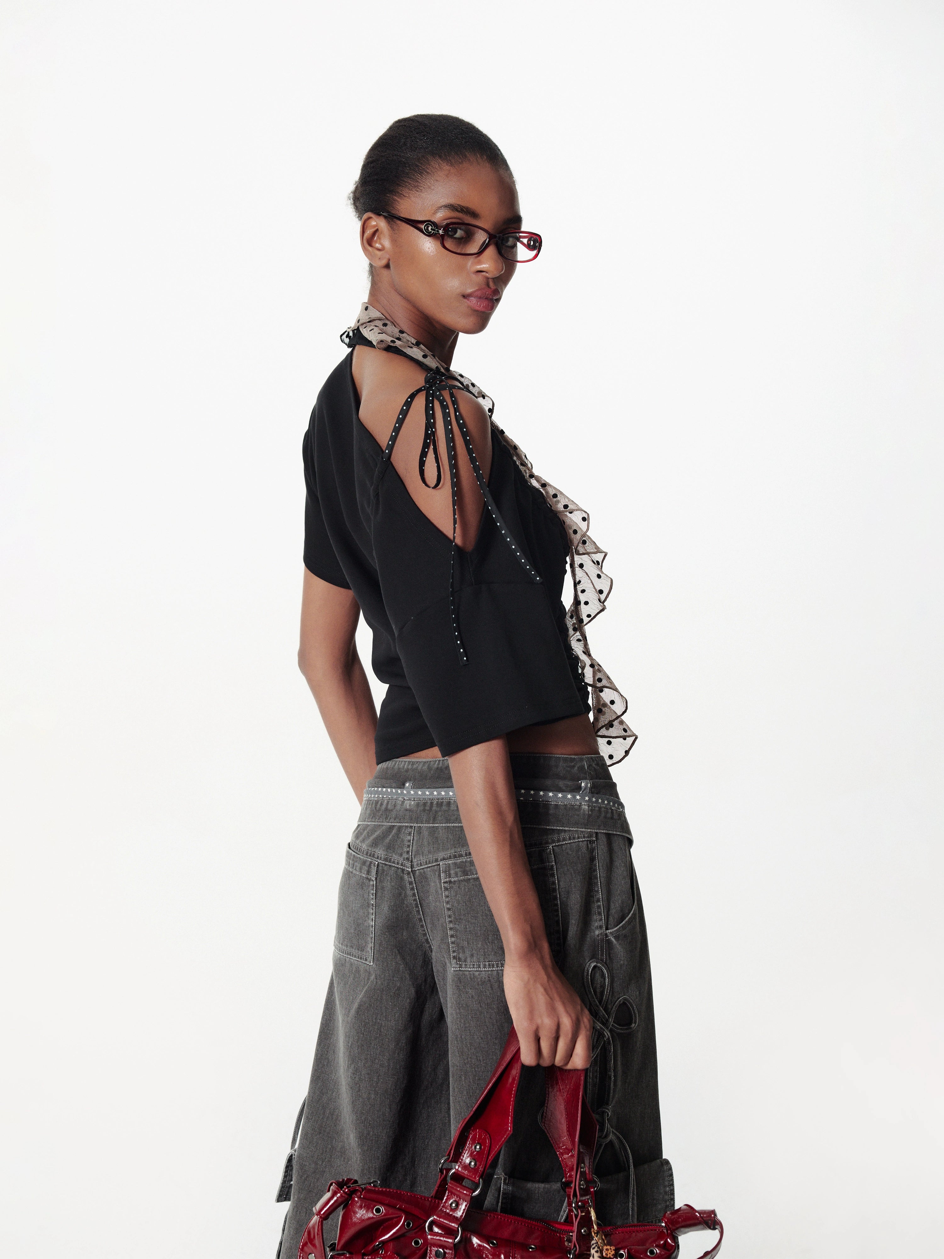 2th Desire斜肩撞色波点抽绳绑带拼接宽松蝙蝠袖柔软T恤上衣女