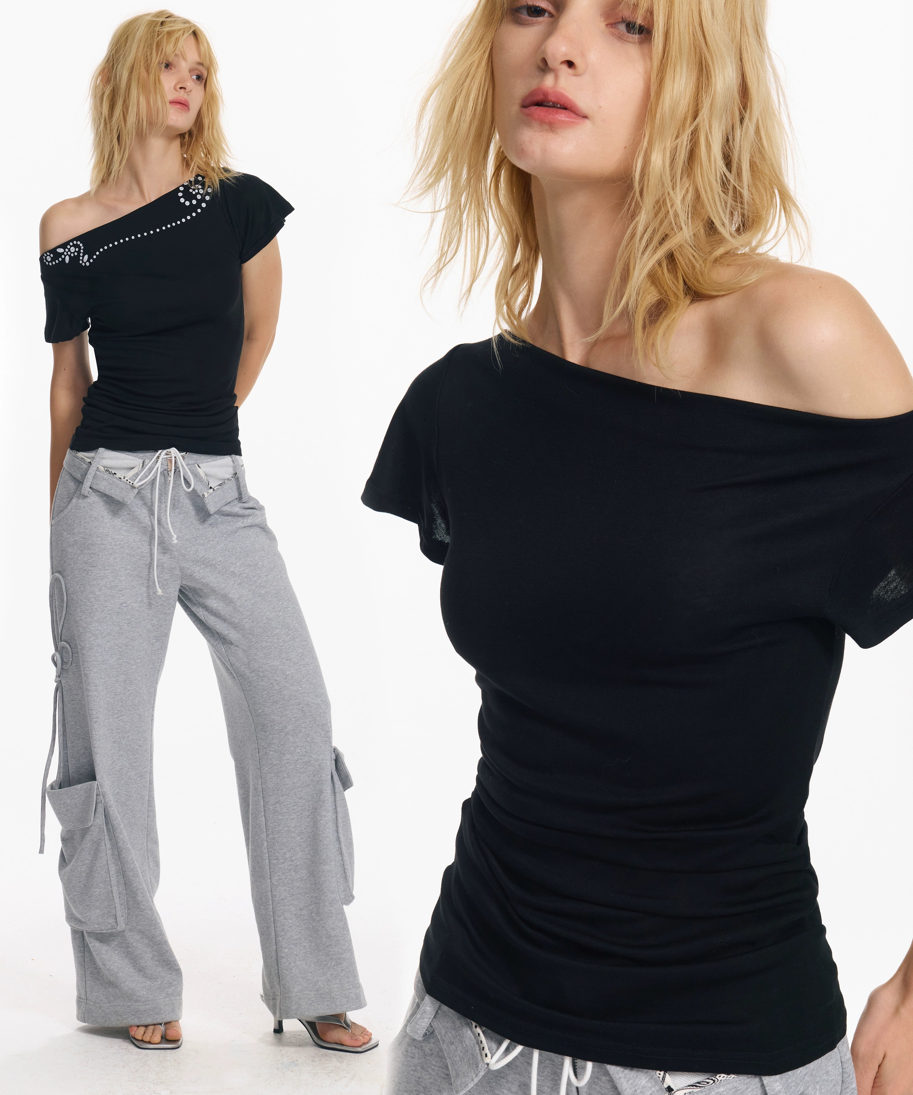 2th Desire 美式复古设计感原创铆钉印花亲肤柔软斜肩小飞袖T恤女