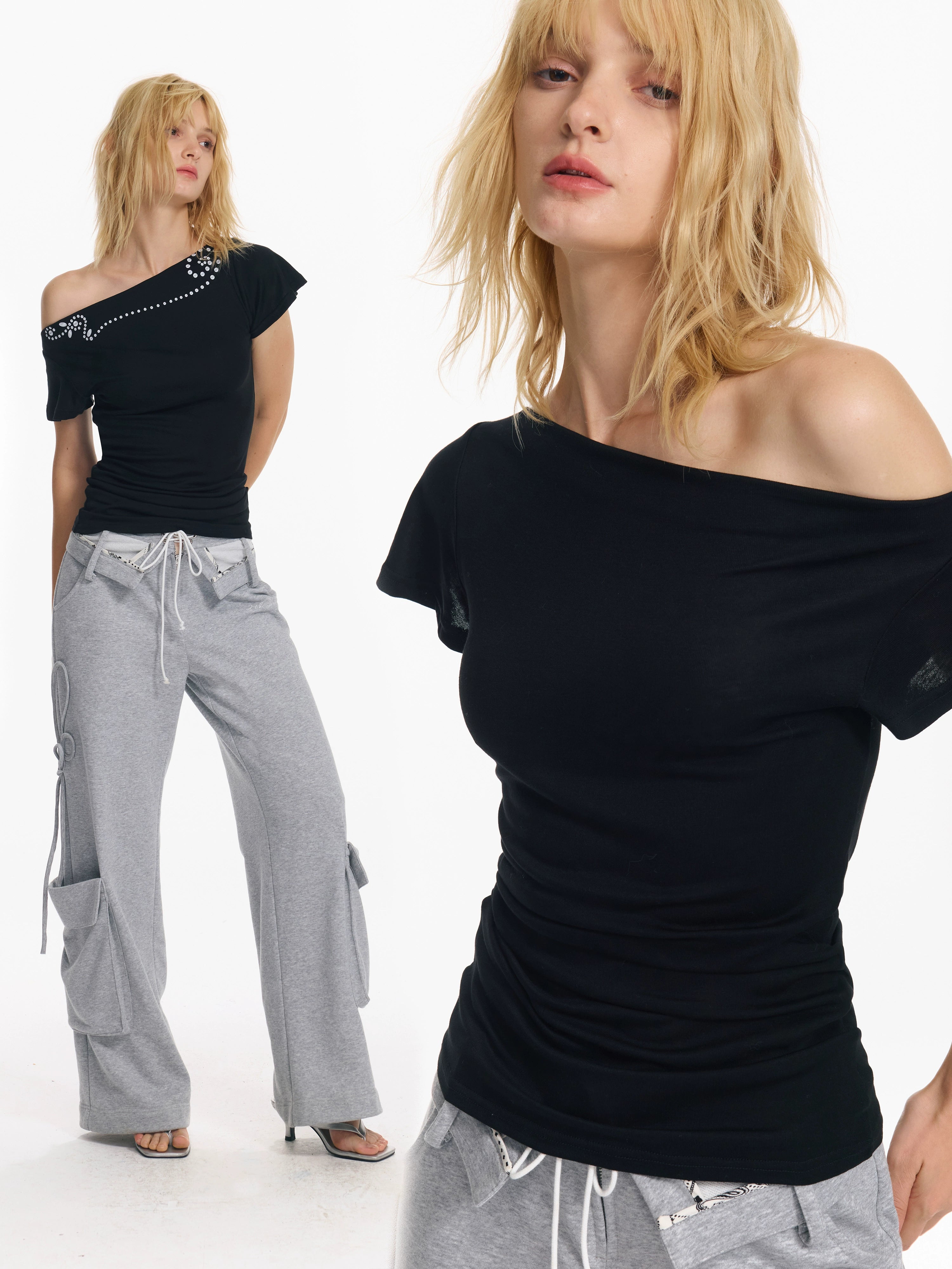 2th Desire 美式复古设计感原创铆钉印花亲肤柔软斜肩小飞袖T恤女