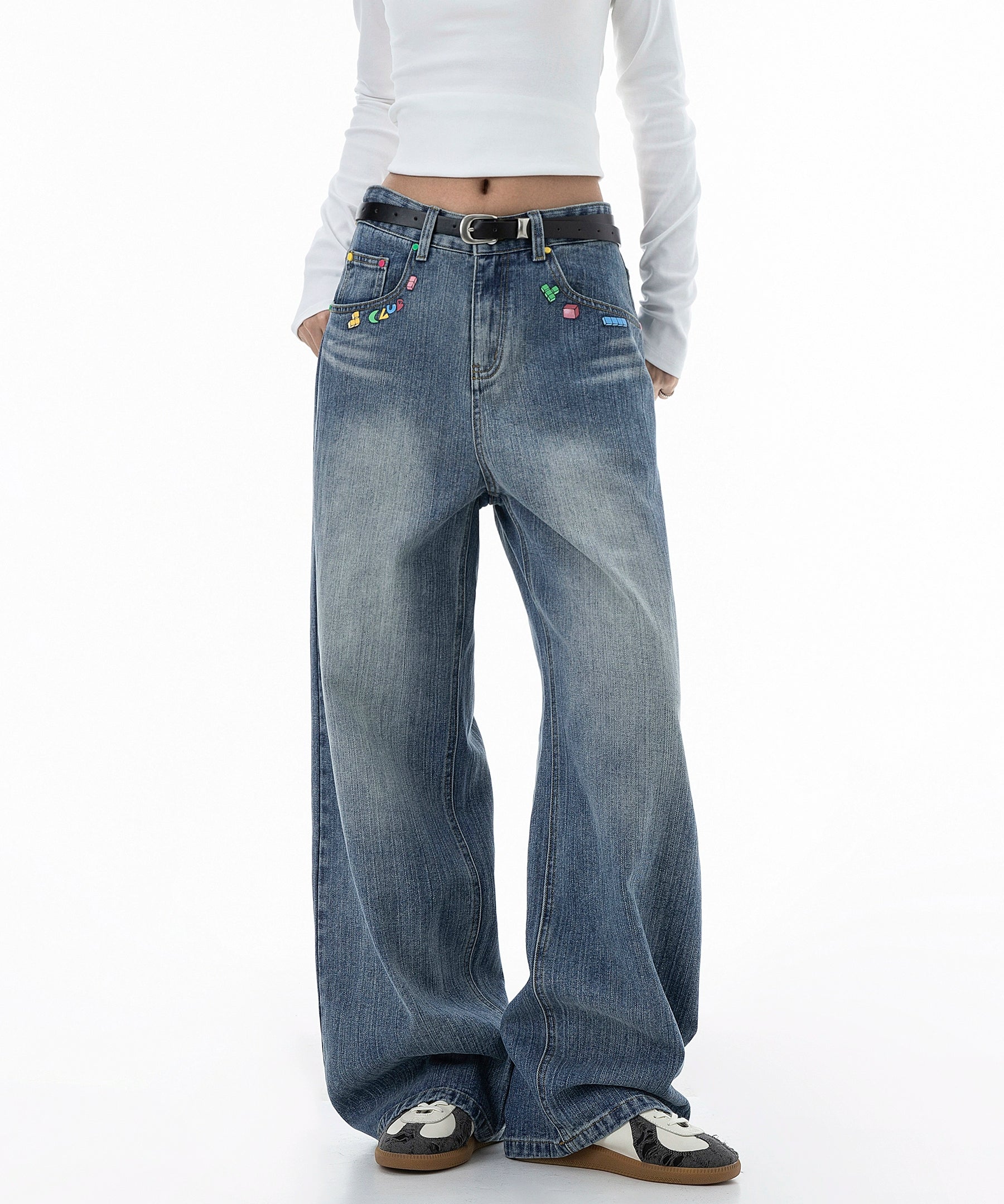 ICH MODE 美式复古水洗牛仔裤女秋冬新款直筒宽松裤子休闲阔腿裤