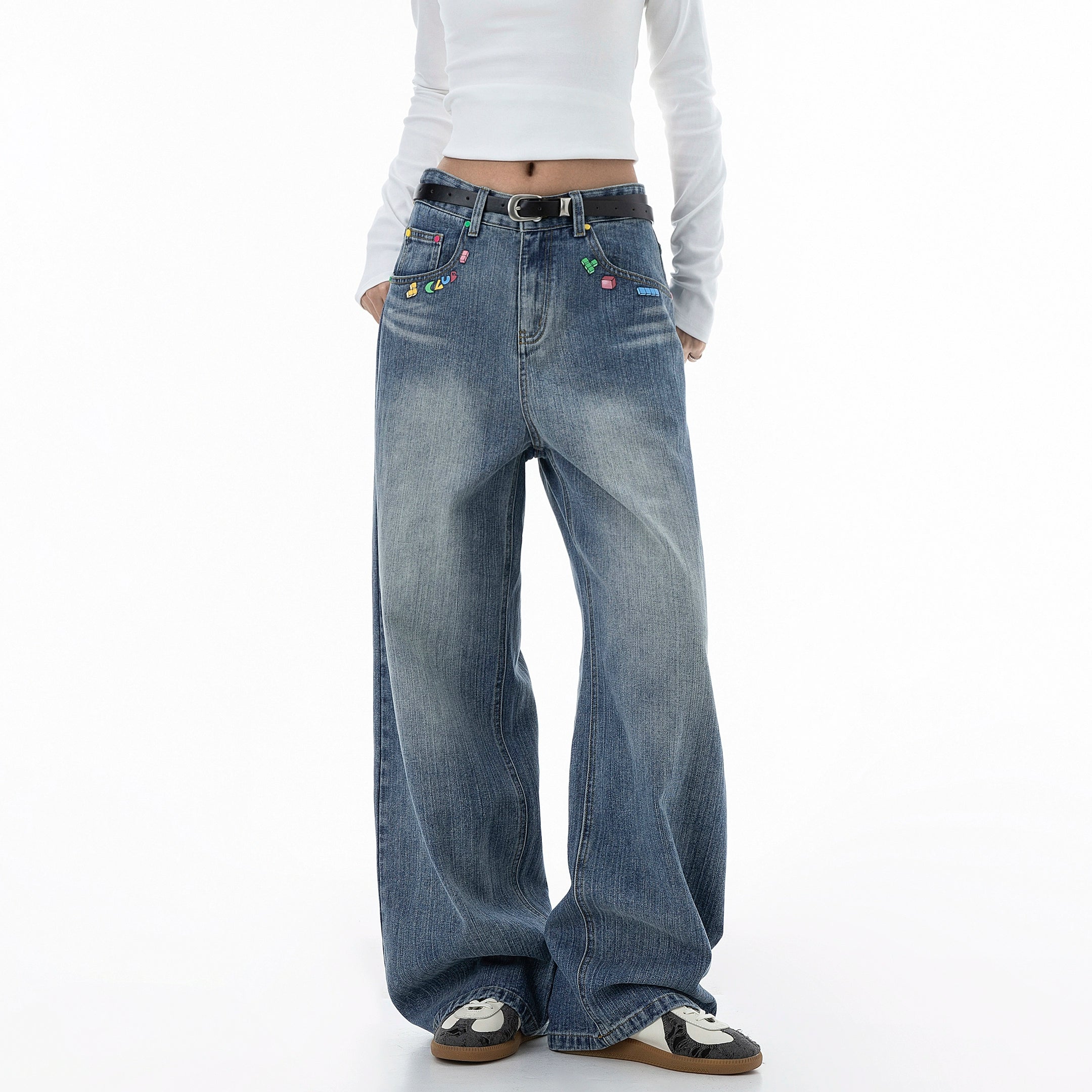 ICH MODE 美式复古水洗牛仔裤女秋冬新款直筒宽松裤子休闲阔腿裤