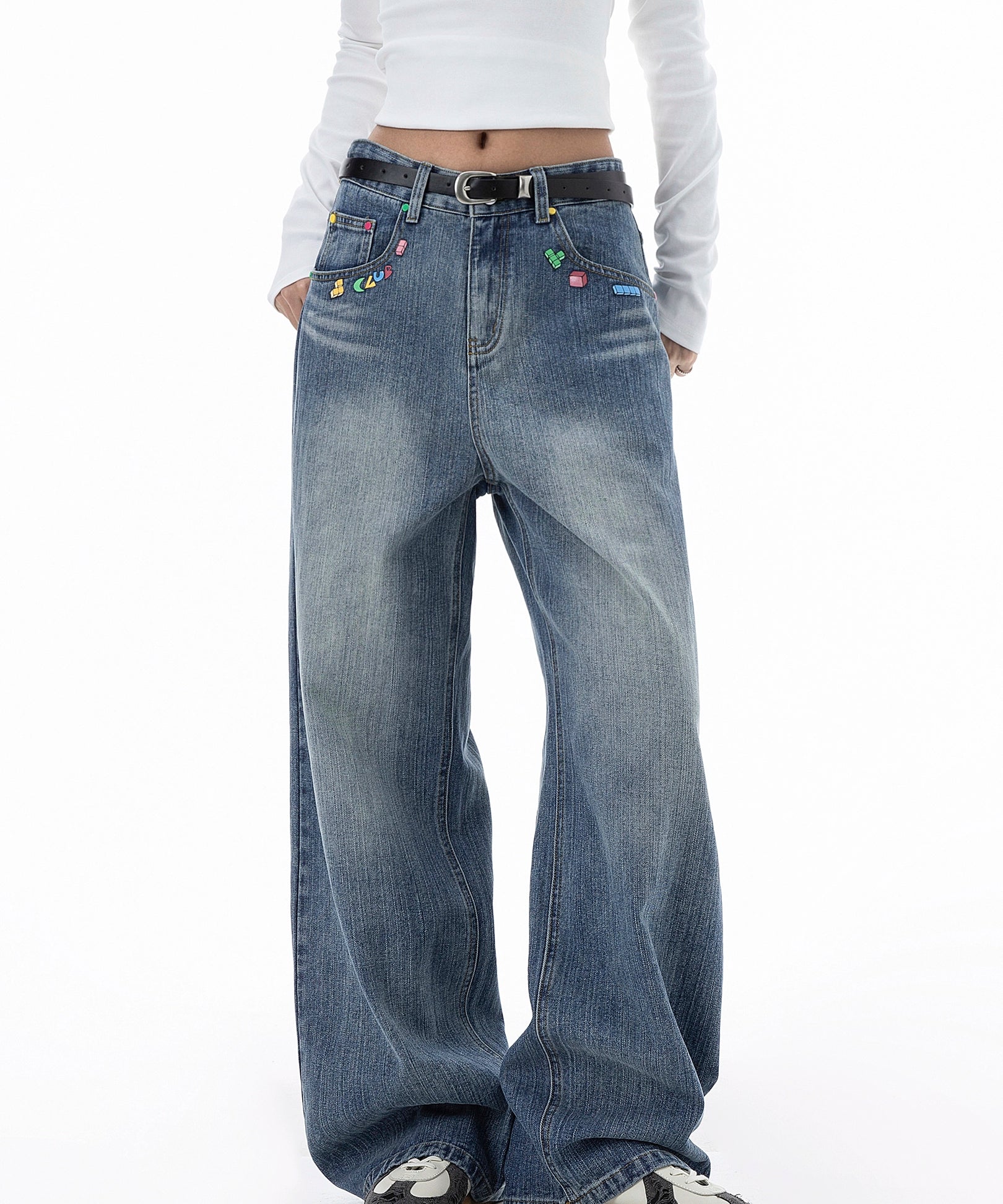 ICH MODE 美式复古水洗牛仔裤女秋冬新款直筒宽松裤子休闲阔腿裤