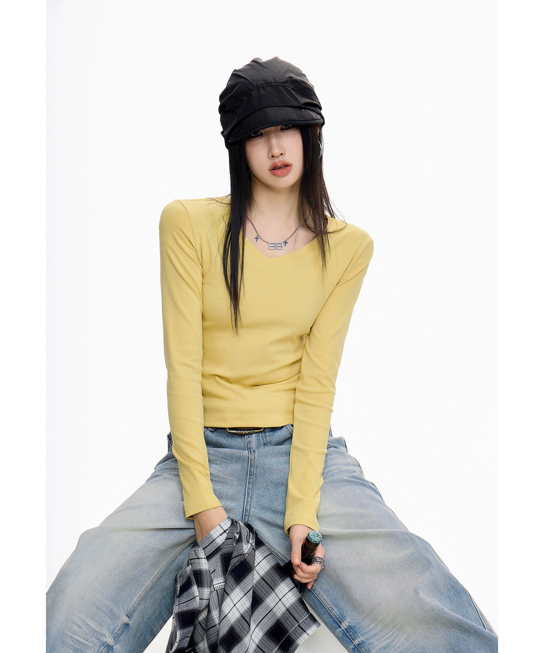 ICH MODE 美式V领长袖正肩T恤女秋冬修身内搭打底衫一字肩上衣