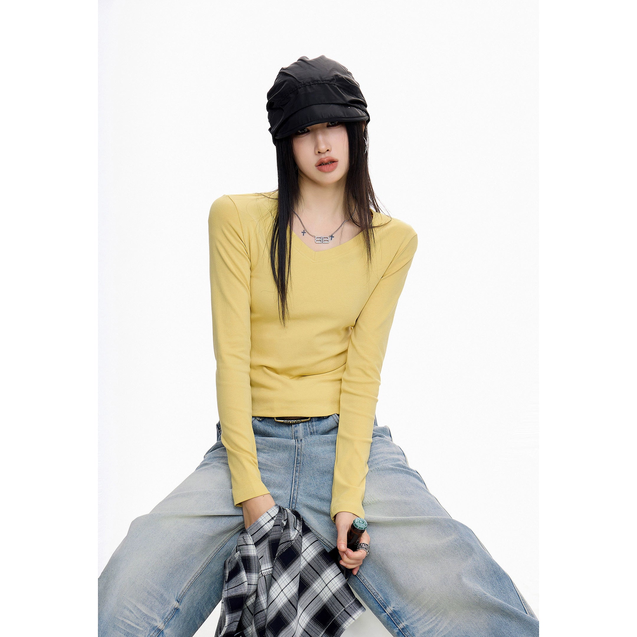 ICH MODE 美式V领长袖正肩T恤女秋冬修身内搭打底衫一字肩上衣