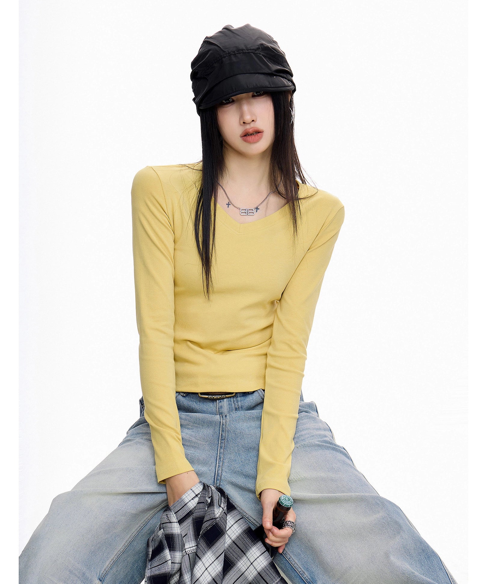 ICH MODE 美式V领长袖正肩T恤女秋冬修身内搭打底衫一字肩上衣