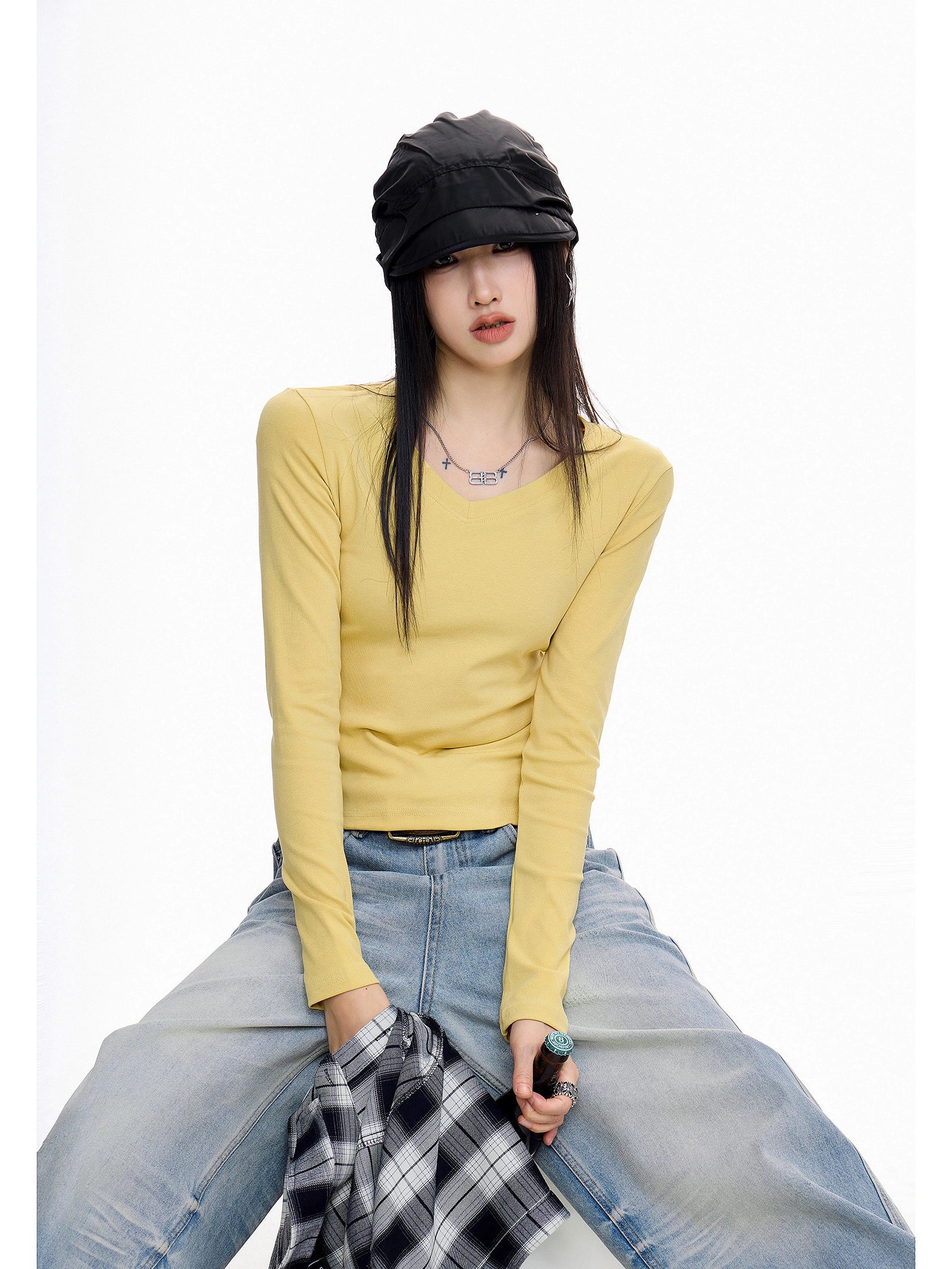 ICH MODE 美式V领长袖正肩T恤女秋冬修身内搭打底衫一字肩上衣