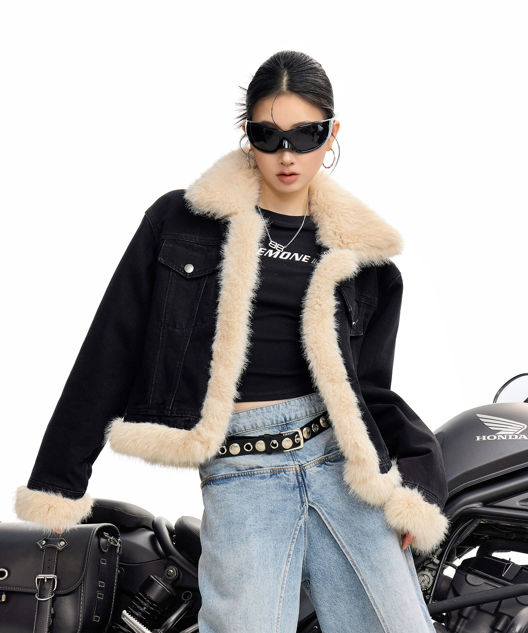 ICH MODE 美式复古毛领短款牛仔外套女秋冬季小香风夹克棉服上衣