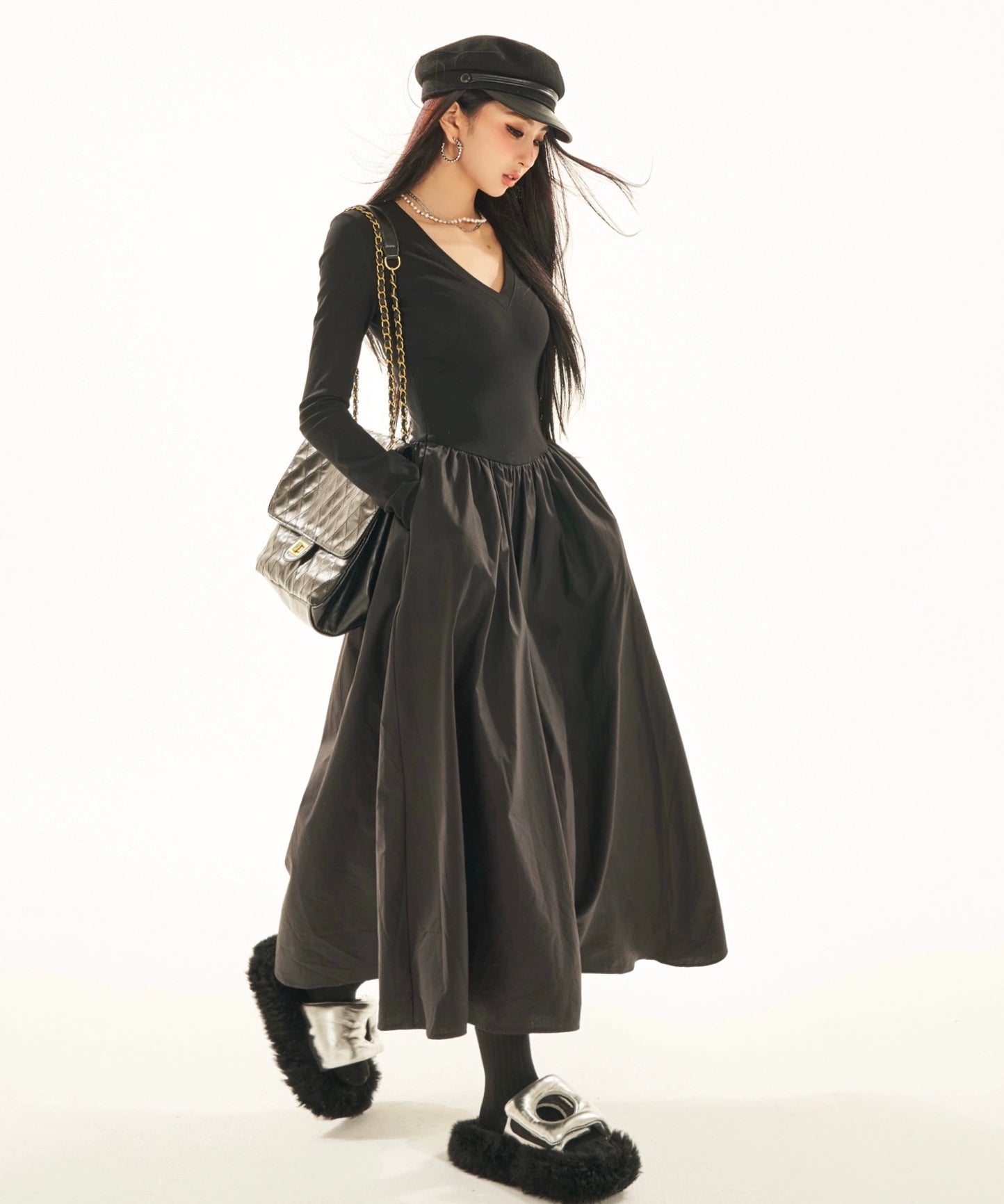 野生zerocircle黑白色v领长袖连衣裙女春夏辣妹修身显瘦a字长裙子