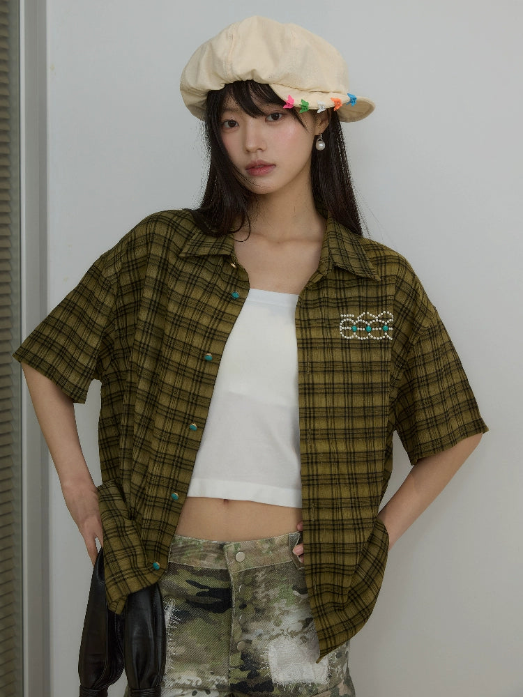 “珍珠橡木”| eeee珍珠绿松石字母钉珠衬衣复古格纹褶皱短袖衬衫